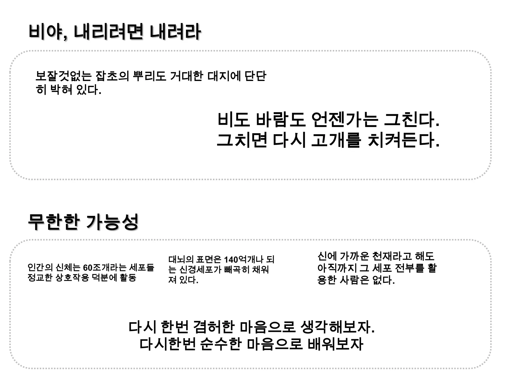 비야, 내리려면 내려라보잘것없는 잡초의 뿌리도 거대한 대지에 단단히 박혀 있다.비도 바람도 언젠가는 그친다. 그치면 다시 고개를 치켜든다.무한한 가능성신에 가까운 천재라고 해도 아직까지 그 세포 전부를 활용한 사람은 없다.대뇌의 표면은 140억개나 되는 신경세포가 빼곡히 채워져 있다. 인간의 신체는 60조개라는 세포들 정교한 상호작용 덕분에 활동다시 한번 겸허한 마음으로 생각해보자.다시한번 순수한 마음으로 배워보자