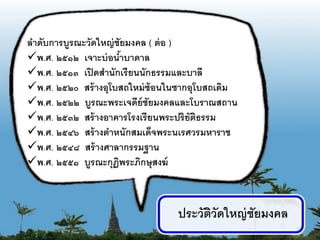ลาดับการบูรณะวัดใหญ่ ชัยมงคล ( ต่ อ )
พ.ศ. ๒๕๑๒ เจาะบ่ อนาบาดาล
                        ้
พ.ศ. ๒๕๑๓ เปิ ดสานักเรี ยนนักธรรมและบาลี
พ.ศ. ๒๕๒๐ สร้ างอุโบสถใหม่ ซ้อนในซากอุโบสถเดิม
พ.ศ. ๒๕๒๒ บูรณะพระเจดีย์ชัยมงคลและโบราณสถาน
พ.ศ. ๒๕๓๒ สร้ างอาคารโรงเรี ยนพระปริยัตธรรม
                                        ิ
พ.ศ. ๒๕๔๖ สร้ างตาหนักสมเด็จพระนเรศวรมหาราช
พ.ศ. ๒๕๔๘ สร้ างศาลากรรมฐาน
พ.ศ. ๒๕๕๑ บูรณะกุฏพระภิกษุสงฆ์
                      ิ



                                 ประวัตวัดใหญ่ ชัยมงคล
                                       ิ
                                                         13
 