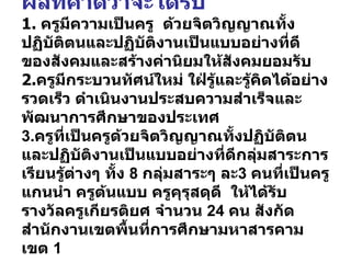 ผลที่คาดว่าจะได้รับ 1 .  ครูมีความเป็นครู  ด้วยจิตวิญญาณทั้งปฏิบัติตนและปฏิบัติงานเป็นแบบอย่างที่ดีของสังคมและสร้างค่านิยมให้สังคมยอมรับ 2 . ครูมีกระบวนทัศน์ใหม่ ใฝ่รู้และรู้คิดได้อย่างรวดเร็ว ดำเนินงานประสบความสำเร็จและพัฒนาการศึกษาของประเทศ 3. ครูที่เป็นครูด้วยจิตวิญญาณทั้งปฏิบัติตนและปฏิบัติงานเป็นแบบอย่างที่ดีกลุ่มสาระการเรียนรู้ต่างๆ ทั้ง  8  กลุ่มสาระๆ ละ 3  คนที่เป็นครูแกนนำ ครูต้นแบบ ครูคุรุสดุดี  ให้ได้รับรางวัลครูเกียรติยศ จำนวน  24  คน สังกัด สำนักงานเขตพื้นที่การศึกษามหาสารคาม เขต  1  