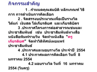 กิจกรรมสำคัญ   1 .  กำหนดคุณสมบัติ หลักเกณฑ์ วิธีการ การดำเนินการคัดเลือก 2 .  จัดสรรงบประมาณเพื่อเป็นรางวัล  ได้แก่  เงินสด โล่เกียรติยศ  และเกียรติบัตร 3 . ประกาศโครงการต่อสาธารณชนและประชาสัมพันธ์  เช่น  ประชาสัมพันธ์ทางสื่อหนังสือพิมพ์รายวัน  จัดทำหนังสือ  “ ครูเกียรติยศ ”   จัดทำวิดิทัศน์เผยแพร่  ประชาสัมพันธ์ 4 . ประกาศและมอบรางวัล ประจำปี  2554    4.1  ประกาศผลการคัดเลือก วันที่  8  มกราคม  2554    4.2  มอบรางวัล วันที่  16  มกราคม  2554 ( วันครู ) 