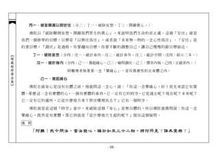 丙一、破妄顯真以明安住（分二：丁一、破除妄想。丁二、開顯真心。）

              佛陀以「破除顛倒妄想，開顯我們眾生的真心」，來說明我們生命的依止處。這個「安住」就是
            我們一個修學的目標，目標是「以無住為住」，或者說「本來無一物的一念心性為住」。「安住」是
            約著目標，「調伏」是過程，你要趨向目標，你要不斷的調整自己，讓自己慢慢的跟目標接近。

                  丁一、破除妄想（分四：戊一、破計身內。戊二、破計身外。戊三、破計中間。戊四、結示二本。）
︽楞嚴經修學法要︾




                   戊一、破計身內（分四：己一、徵起緣心。己二、喻明調伏。己三、牒其內執。己四、正破非內。）

                              阿難尊者執著那一念「攀緣心」，是有真實性的在身體之內。

                    己一、徵起緣心

              佛陀在破妄心是沒有自體之前，祂就問這一念心，說：「你這一念攀緣心，好！我先承認它有實
            體。那麼這一念有實體的心，一個有實體的東西，它一定有它的時空，它是過去呢？現在呢？未來呢？
            它一定有它的處所，它從什麼地方來？將往哪裡而去？」它有一個時空。

              佛陀就是從這個「時空」當中，來破除這個「妄心」是無自體的，所以佛陀就徵問說：你這一念
            攀緣心，既然是有實體，那它到底是「從什麼地方生起的呢？」提出這個疑問。

            徵 問

              「阿難！我今問汝，當汝發心，緣於如來三十二相，將何所見？誰為愛樂？」


                                        - 59 -
 