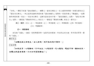 「空性」，佛陀只好說「諸法因緣生」；實際上，當你在佛法上，往上提昇的時候，你要告訴你自己
            「諸法本自無生」。所以從世俗諦的角度來看「諸法因緣生」是對的，但是你要入「勝義諦」，從真
            如的角度來看一切法─一切法本自無生。這兩句話並沒有矛盾，「諸法因緣生」也對，「諸法本自無
            生」也對；一個是從「真如的作用上」來安立，一個是從「真如的本體」來安立，都可以。

               戊二、別示（分五：己一、明色陰相。己二、明受陰相。己三、明想陰相。己四、明行陰相。
︽楞嚴經修學法要︾




                             己五、明識陰相）

                   己一、明色陰相

              首先看「色陰」─就是一切的物質世界，包括內在的根身、外在的山河大地、草木房舍等等，都
            叫「色陰」。
            體因想生

              「汝體先因父母想生，汝心非想，則不能來想中傳命。」
            引喻詳釋

              「如我先言：心想醋味，口中涎生；心想登高，足心酸起。懸崖不有，醋物未來，
            汝體必非虛妄通倫，口水如何因談醋出？」




                                        - 600 -
 