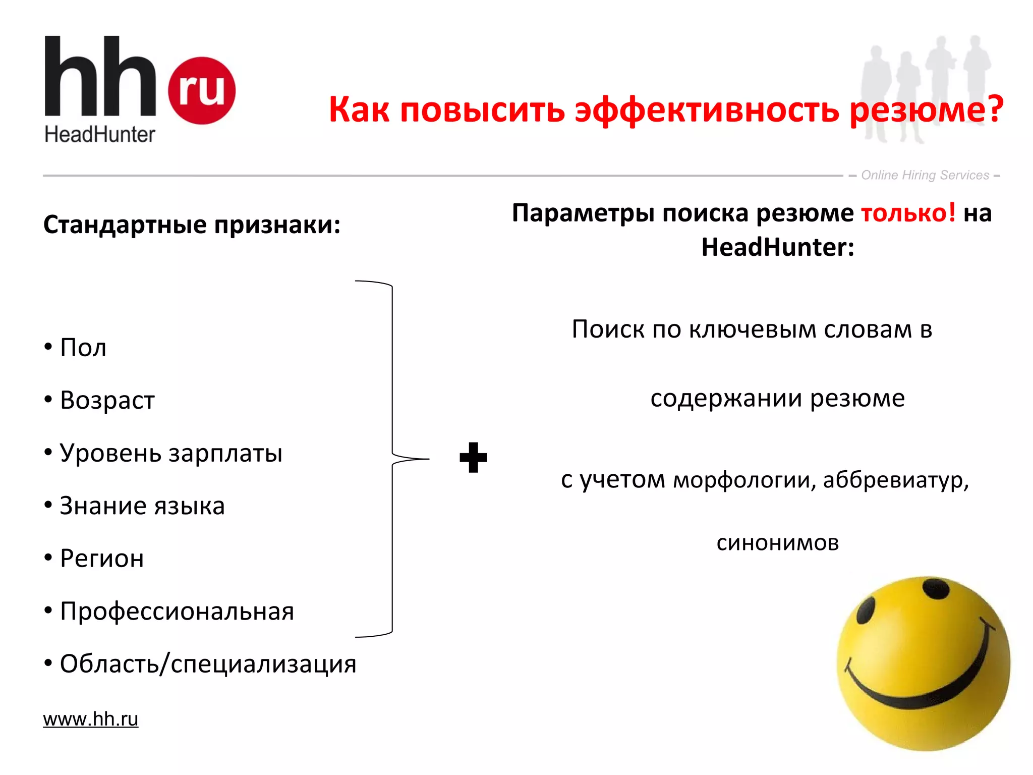Стандартные признаки: Пол Возраст Уровень зарплаты Знание языка Регион Профессиональная Область/специализация Как повысить эффективность резюме? Параметры поиска   резюме  только!  на  HeadHunter: Поиск по ключевым словам в содержании   резюме с учетом  морфологии, аббревиатур, синонимов 