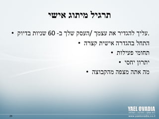 תרגיל מיתוג אישי עליך להגדיר את עצמך  / העסק שלך ב - 60  שניות בדיוק . התחל בהגדרה אישית קצרה תחומי פעילות יתרון יחסי מה אתה מצפה מהקבוצה 