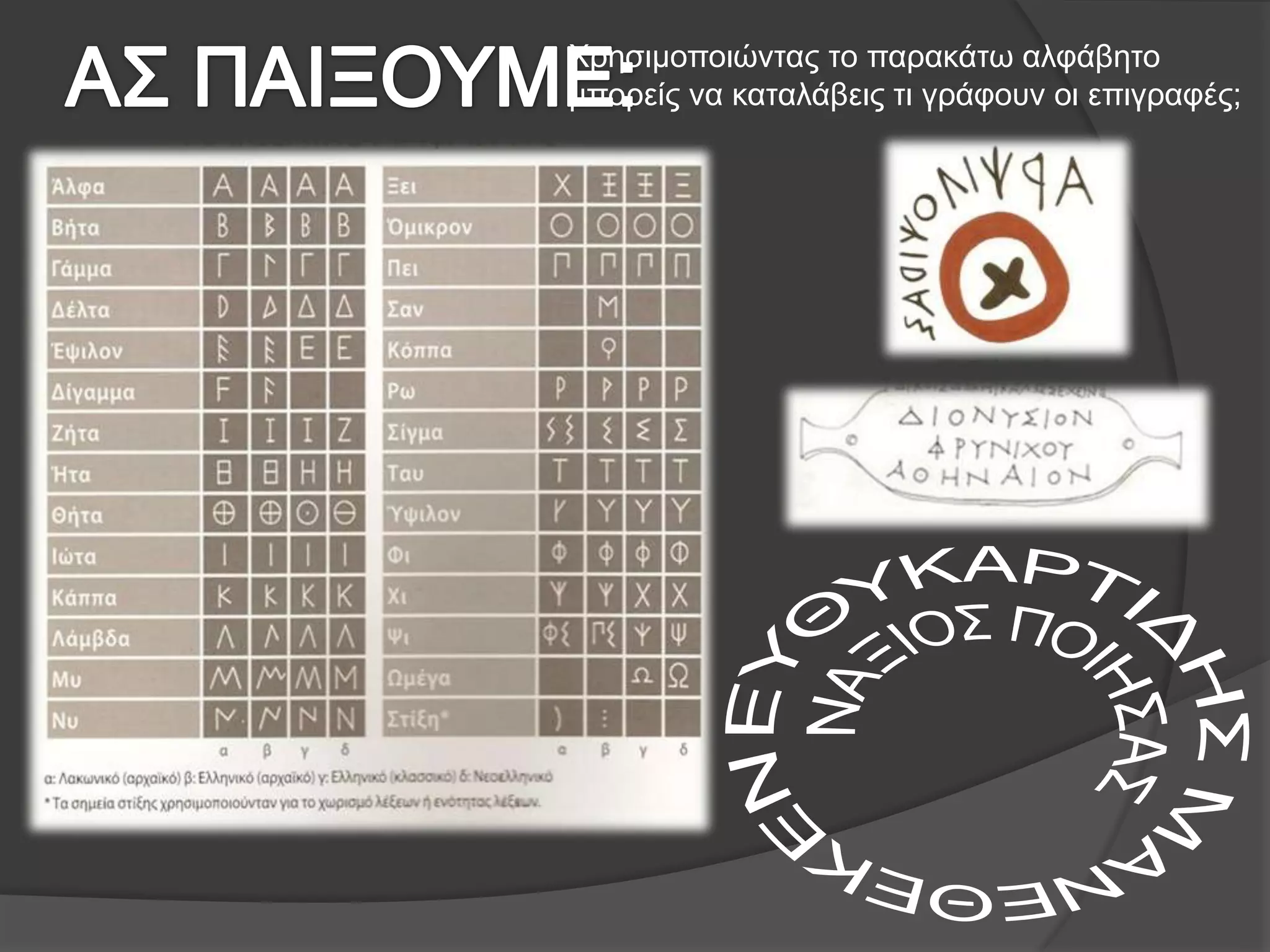 Η ΝΕΑ ΓΡΑΦΗΜετά την αναταραχή της καθόδου των Δωριέων, οι Έλληνες ασχολήθηκαν ξανά με το εμπόριο και ήρθαν σε επαφή με έναν άλλο λαό που ασχολούνταν με το εμπόριο, τους Φοίνικες.Οι φοίνικες είχαν φτιάξει δικό τους αλφάβητο το οποίο όμως είχε σύμβολά μόνο για τα σύμφωνα (στα νέα ελληνικά τα σύμφωνα είναι: β, γ, δ, ζ, θ, κ, λ, μ, ν, ξ, π, ρ, σ, τ, φ, χ, ψ).Οι Έλληνες πήραν από τους Φοίνικες το αλφάβητο των συμφώνων και του προσέθεσαν τα φωνήεντα της γλώσσας τους.Κάθε φυλή (Δωριείς, Αιολείς, Ίωνες) στην αρχαία Ελλάδα προσάρμοσε το νέο αλφάβητο  στη διαλεκτό της. Έτσι προέκυψαν αντίστοιχα το δωρικό, το αιολικό και το ιωνικό αλφάβητο.Με τα χρόνια όμως, υιοθετήθηκε το ιωνικό αλφάβητο από όλους τους Έλληνες ανεξάρτητα αν ήταν Ίωνες ή Δωριείς ή Αιολείς.Έτσι δημιουργήθηκε το ελληνικό αλφάβητο.Σήμερα στα νέα ελληνικά χρησιμοποιούμε ουσιαστικά το ιωνικό αλφάβητο.