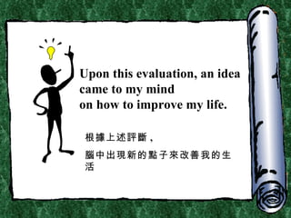 Upon this evaluation, an idea came to my mind  on how to improve my life. 根據上述評斷 , 腦中出現新的點子來改善我的生活 