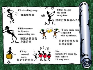 I'll take things   easy. I'll try to open  my heart to my love. I'll listen more to the ones surrounding me. I'll save more time to spend it  with my friends. I'll try to travel more. No,  karaoke I'll never do, but I believe I'll sing more. 讓事情簡單 試著打開我的心去愛 聽更多關於我身邊的事 花更多時間和我的朋友同歡 有更多的旅行 