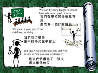 We start by being taught in school how to become good citizens. We spend a great part of our childhood studying, and finally we get the diploma that will ensure us “the position we deserve”. 我們在學校開始被教育成 要成為一個好的國民 我們花了很多 童年的時光在學習上 最後我們獲得了一張文憑來確保地位 