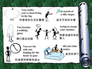 You realise you’ve been living in the fog in search of a silly target. You become  a walking ghost trying to escape your enemies. You are the  only one longing for the hours to pass till your time comes. 你發現你生活在霧裡 追求可笑的目標 像行屍走肉般 想要消滅所有的敵人 你渴望時間趕快過去 直到你倒下 