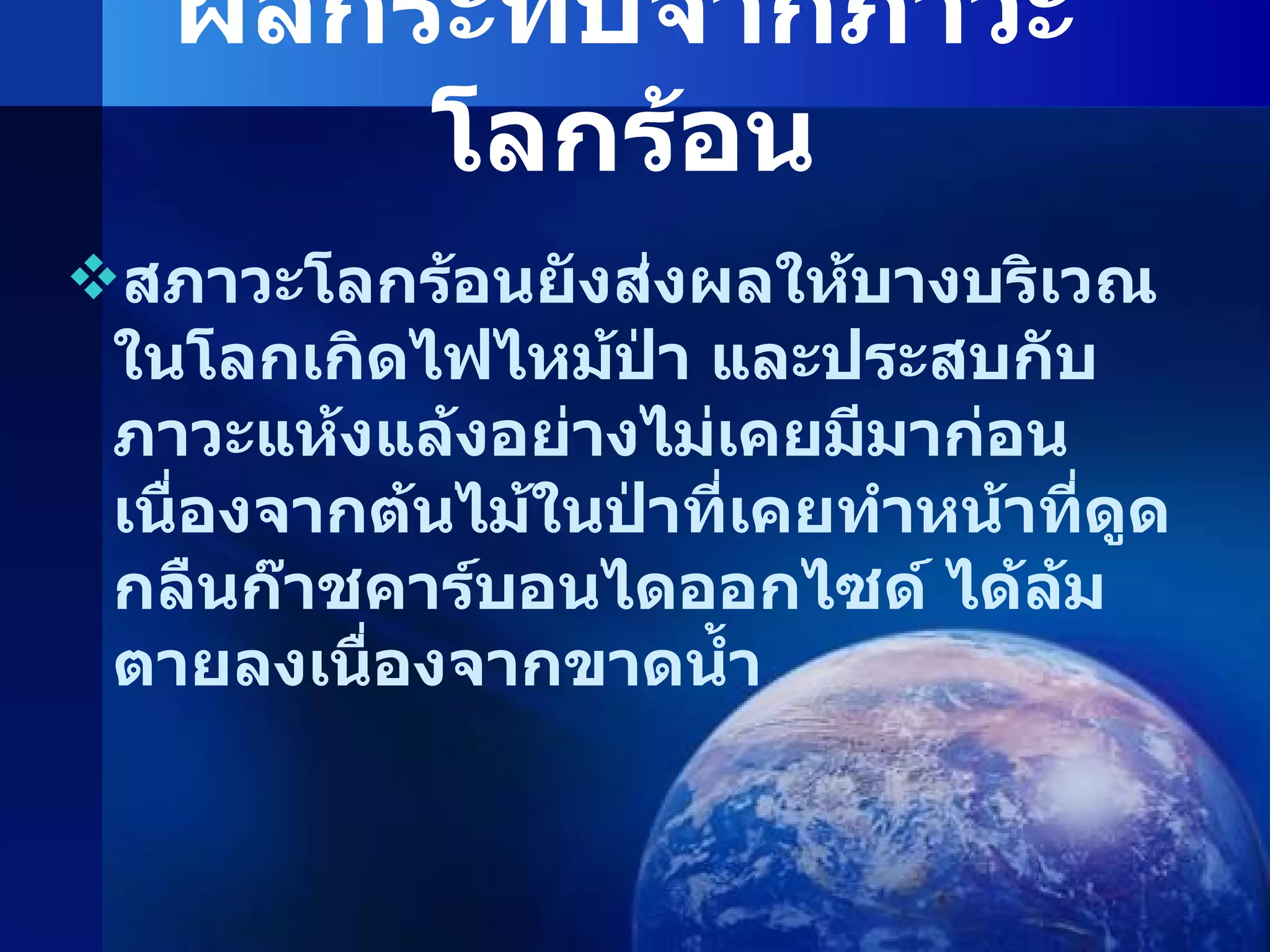 ผลกระทบจากภาวะโลกร้อน สภาวะโลกร้อนยังส่งผลให้บางบริเวณในโลกเกิดไฟไหม้ป่า และประสบกับภาวะแห้งแล้งอย่างไม่เคยมีมาก่อนเนื่องจากต้นไม้ในป่าที่เคยทำหน้าที่ดูดกลืนก๊าชคาร์บอนไดออกไซด์ ได้ล้มตายลงเนื่องจากขาดน้ำ 