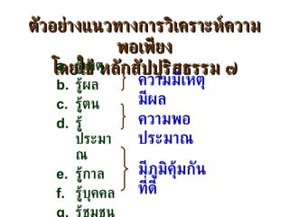 รู้เหตุ  รู้ผล  รู้ตน รู้ประมาณ รู้กาล รู้บุคคล รู้ชุมชน ตัวอย่างแนวทางการวิเคราะห์ความพอเพียง โดยใช้ หลักสัปปุริสธรรม ๗ ความมีเหตุมีผล มีภูมิคุ้มกันที่ดี ความพอประมาณ 