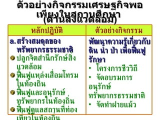 ตัวอย่างกิจกรรมเศรษฐกิจพอเพียงในสถานศึกษา  ( ด้านสิ่งแวดล้อม ) พัฒนาความรู้เกี่ยวกับดิน น้ำ ป่า เพื่อฟื้นฟู รักษา โครงการชีววิถี จัดอบรมการอนุรักษ์  ทรัพยากรธรรมชาติ จัดทำฝายแม้ว สร้างสมดุลของทรัพยากรธรรมชาติ ปลูกจิตสำนึกรักษ์สิ่งแวดล้อม ฟื้นฟูแหล่งเสื่อมโทรมในท้องถิ่น ฟื้นฟูและอนุรักษ์ทรัพยากรในท้องถิ่น ฟื้นฟูดูแลสถานที่ท่องเที่ยวในท้องถิ่น ตัวอย่างกิจกรรม หลักปฏิบัติ 