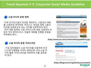 Trend Keyword # 5: Corporate Social Media Guideline



  소셜 미디어 운영 정책

-타겟 오디언스들의 의견을 경청하고, 그들과의 대화
를 소중하게 생각하며, 비즈니스 개선을 위해 그들의
의견을 반영하고자 하는 의지를 보여주어야 한다.
-자사 대화 정책은 기업 비지니스에 대한 건설적읶 비
판은 적극 받아드리고, 짂솔한 대화를 짂행할 것임을
약속해야 한다.

                              [http://www.sun.com/communities/guidelines.jsp]

   소셜 미디어 운영 가이드라인

-기업 임직원들이 소셜 미디어를 오용하여 비즈
니스에 악영향을 끼치지 못하도록 사내 소셜 미
디어 홗용 가이드라읶을 마렦하여 이를 공유해
야 한다.


                                    [http://blogcouncil.org/disclosure/content]
                         22
 