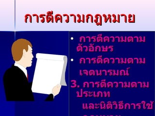 การตีความกฎหมาย การตีความตามตัวอักษร การตีความตาม เจตนารมณ์ 3.  การตีความตามประเภท และนิติวิธีการใช้ กฎหมาย 