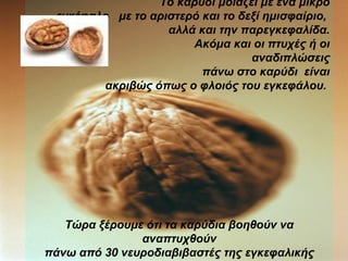 Το καρύδι μοιάζει με ένα μικρό εγκέφαλο  με το αριστερό και το δεξί ημισφαίριο,  αλλά και την παρεγκεφαλίδα. Ακόμα και οι πτυχές ή οι αναδιπλώσεις πάνω στο καρύδι  είναι ακριβώς όπως ο φλοιός του εγκεφάλου.  Τώρα ξέρουμε ότι τα καρύδια βοηθούν να αναπτυχθούν πάνω από 30 νευροδιαβιβαστές της εγκεφαλικής λειτουργίας! 