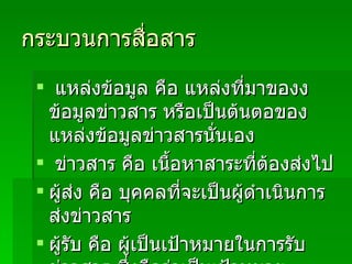 กระบวนการสื่อสาร    แหล่งข้อมูล คือ แหล่งที่มาของงข้อมูลข่าวสาร หรือเป็นต้นตอของแหล่งข้อมูลข่าวสารนั่นเอง  ข่าวสาร คือ เนื้อหาสาระที่ต้องส่งไป ผู้ส่ง คือ บุคคลที่จะเป็นผู้ดำเนินการส่งข่าวสาร ผู้รับ คือ ผู้เป็นเป้าหมายในการรับข่าวสาร ซึ่งถือว่าเป็นเป้าหมายสุดท้ายของการสื่อสาร 