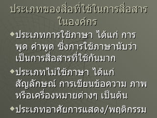 ประเภทของสื่อที่ใช้ใȨารสื่อสารใȨงค์กร   ประเภทการใช้ภาษา ได้แก่ การพูด คำพูด ซึ่งการใช้ภาษานับว่าเป็นการสื่อสารที่ใช้กันมาก ประเภทไม่ใช้ภาษา ได้แก่ สัญลักษณ์ การเขียนข้อความ ภาพ หรือเครื่องหมายต่างๆ เป็นต้น ประเภทอาศัยการแสดง / พฤติกรรม 