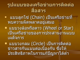  รูปแบบของเครือข่ายการติดต่อสื่อสาร     แบบลูกโซ่   (Chain)  เป็นเครือข่ายที่พบความผิดพลาดอยู่เสมอ  แบบวงล้อหรือดาว   (Wheel or Star)  เป็นเครือข่ายของการประสานงานแบบเผด็จการ  แบบวงกลม   (Circle)  เป็นการติดต่อข่าวสารกันแบบต่อเนื่องกัน ซึ่งให้ประสิทธิภาพในการแก้ปัญหาได้ต่ำ 