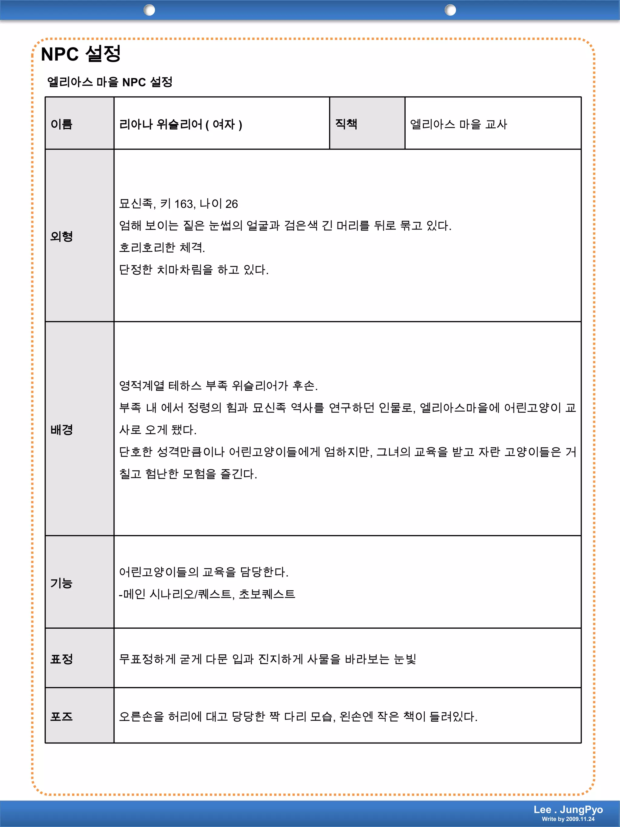 NPC 설정엘리아스 마을 NPC 설정Lee . JungPyoWrite by 2009.11.24