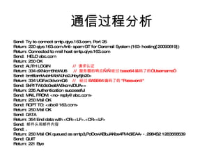 通信过程分析 Send: Try to connect smtp.qiye.163.com, Port 25  Return: 220 qiye.163.com Anti-spam GT for Coremail System (163-hosting[20090619]) Return: Connected to mail host smtp.qiye.163.com Send:  HELO abc.com Return: 250 OK Send: AUTH LOGIN  //  请求认证 Return: 334 dXNlcm5hbWU6  //  服务器的响应——经过 base64 编码了的“ Username” Send: bm8tamVwbHlAbWJha2Jhby5jb20= Return: 334 UGFzc3dvcmQ6  //  经过 BASE64 编码了的 "Password:"  Send: SkR1TWo3c0xabW5kcmJDUA== Return: 235 Authentication successful Send: MAIL FROM: <no-reply@abc.com> Return: 250 Mail OK Send: RCPT TO: <abc@163.com> Return: 250 Mail OK Send: DATA Return: 354 End data with <CR><LF>.<CR><LF> Send:  邮件头和邮件内容 Send: . Return: 250 Mail OK queued as smtp3,PdOowKBbJAKbs4FMk5IEAA--.2984S2 1283568539 Send: QUIT Return: 221 Bye 
