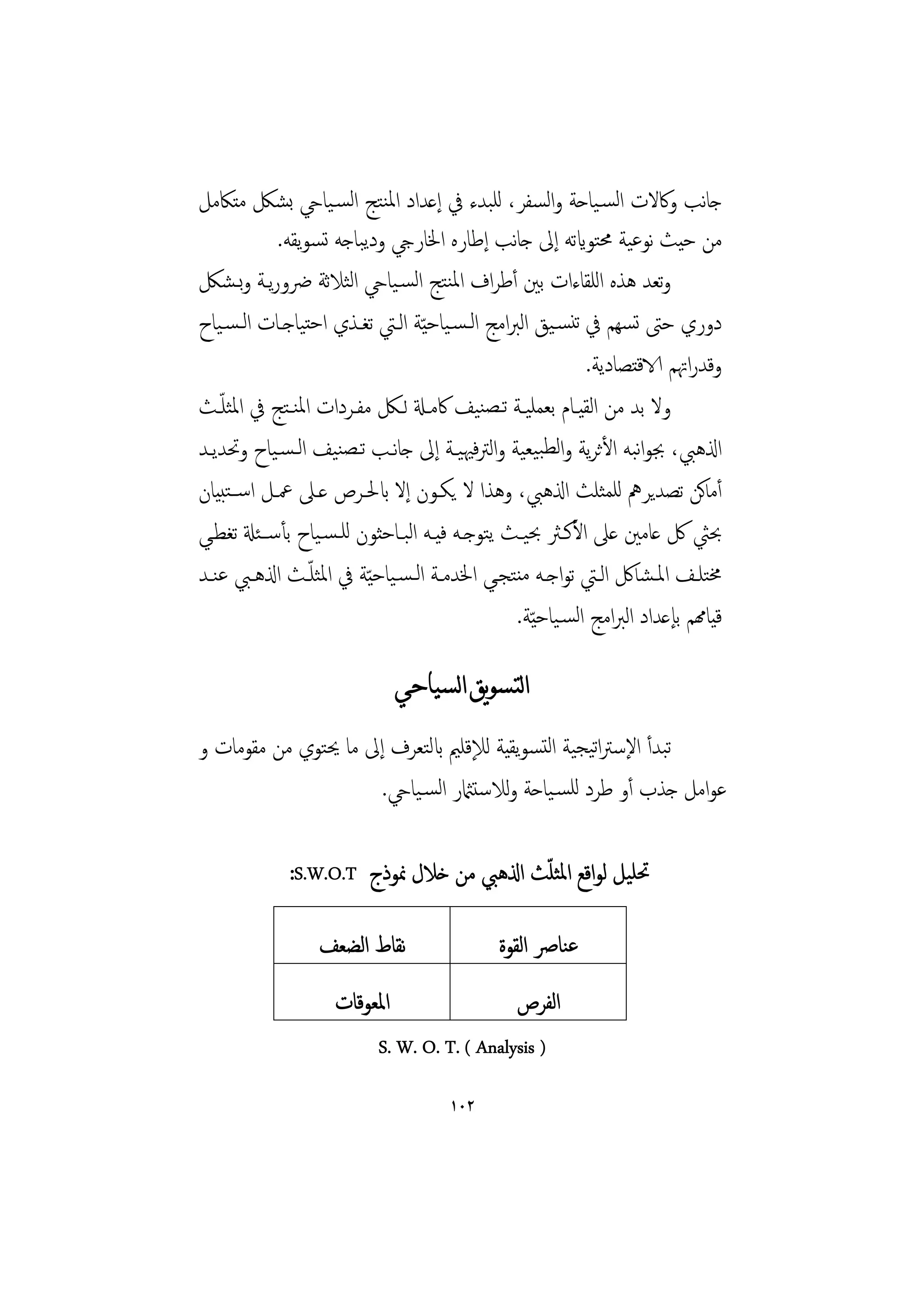 ‫ﺟﺎﻧﺐ وﰷﻻت اﻟﺴـﻴﺎﺣﺔ واﻟﺴﻔﺮ، ﻟﻠﺒﺪء ﰲ إﻋﺪاد اﳌﻨﺘﺞ اﻟﺴـﻴﺎيح ﺑﺸﲁ ﻣﺘﲀﻣﻞ‬
            ‫ﻣﻦ ﺣﻴﺚ ﻧﻮﻋﻴﺔ ﳏﺘﻮايﺗﻪ إﱃ ﺟﺎﻧﺐ إﻃﺎرﻩ اﳋﺎريج ودﻳﺒﺎﺟﻪ ﺗﺴﻮﻳﻘﻪ.‬
‫وﺗﻌﺪ ﻫﺬﻩ اﻟﻠﻘﺎءات ﺑﲔ أﻃﺮاف اﳌﻨﺘﺞ اﻟﺴـﻴﺎيح اﻟﺜﻼﺛﺔ ﴐورﻳـﺔ وﺑـﺸﲁ‬
‫دوري ﺣﱴ ﺗﺴﻬﻢ ﰲ ﺗﻨﺴـﻴﻖ اﻟﱪاﻣﺞ اﻟـﺴـﻴﺎﺣ ّﻴﺔ اﻟـﱵ ﺗﻐـﺬي اﺣﺘﻴﺎﺟـﺎت اﻟـﺴـﻴﺎح‬
                                                                ‫وﻗﺪراﲥﻢ الاﻗﺘﺼﺎدﻳﺔ.‬
    ‫ّ‬
‫وﻻ ﺑﺪ ﻣﻦ اﻟﻘﻴـﺎم ﺑﻌﻤﻠﻴـﺔ ﺗـﺼﻨﻴﻒ ﰷﻣـةل ﻟـﲁ ﻣﻔـﺮدات اﳌﻨـﺘﺞ ﰲ اﳌﺜﻠـﺚ‬
‫اذلﻫﱯ، ﲜﻮاﺒﻪ اﻷﺛﺮﻳﺔ واﻟﻄﺒﻴﻌﻴﺔ واﻟﱰﻓﳱﻴـﺔ إﱃ ﺟﺎﻧـﺐ ﺗـﺼﻨﻴﻒ اﻟـﺴـﻴﺎح وﲢﺪﻳـﺪ‬ ‫ﻧ‬
‫أﻣﺎﻛﻦ ﺗﺼﺪﻳﺮﱒ ﻟﻠﻤﺜﻠﺚ اذلﻫﱯ، وﻫﺬا ﻻ ﻳﻜـﻮن إﻻ ابﳊـﺮص ﻋـﲆ ﲻـﻞ اﺳــﺘﺒﻴﺎن‬
‫ﲝﱻ ﰻ ﻋﺎﻣﲔ ﻋﲆ اﻷﻛـﱶ ﲝﻴـﺚ ﻳﺘﻮﺟـﻪ ﻓﻴـﻪ اﻟﺒـﺎﺣﺜﻮن ﻟﻠـﺴـﻴﺎح ﺑﺄﺳــﺌةل ﺗﻐﻄـﻲ‬
‫ﳐﺘﻠـﻒ اﳌـﺸﺎﰻ اﻟــﱵ ﺗﻮاﺟـﻪ ﻣﻨﺘﺠــﻲ اﳋﺪﻣــﺔ اﻟـﺴـﻴﺎﺣ ّﻴﺔ ﰲ اﳌﺜﻠ ّــﺚ اذلﻫــﱯ ﻋﻨــﺪ‬
                                                    ‫ﻗﻴﺎهمﻢ ﺑﺈﻋﺪاد اﻟﱪاﻣﺞ اﻟﺴـﻴﺎﺣ ّﻴﺔ.‬

                                ‫ﺍﻟﺘﺴﻮﻳﻖ ﺍﻟﺴﻴﺎﺣﻲ‬
‫ﺗﺒﺪأ اﻹﺳﱰاﺗﻴﺠﻴﺔ اﻟﺘﺴﻮﻳﻘﻴﺔ ﻟﻺﻗﻠﲓ ابﻟﺘﻌﺮف إﱃ ﻣﺎ ﳛﺘﻮي ﻣﻦ ﻣﻘﻮﻣﺎت و‬
                      ‫ﻋﻮاﻣﻞ ﺟﺬب أو ﻃﺮد ﻟﻠﺴـﻴﺎﺣﺔ وﻟﻼﺳﺘامثر اﻟﺴـﻴﺎيح.‬

                                          ‫ّ‬
              ‫ﲢﻠﻴﻞ ﻟﻮاﻗﻊ اﳌﺜﻠﺚ اذلﻫﱯ ﻣﻦ ﺧﻼل ﳕﻮذج ‪:S.W.O.T‬‬

                   ‫ﻧﻘﺎط اﻟﻀﻌﻒ‬                   ‫ﻋﻨﺎﴏ اﻟﻘﻮة‬
                      ‫اﳌﻌﻮﻗﺎت‬                      ‫اﻟﻔﺮص‬
                             ‫) ‪S. W. O. T. ( Analysis‬‬

                                        ‫٢٠١‬
 