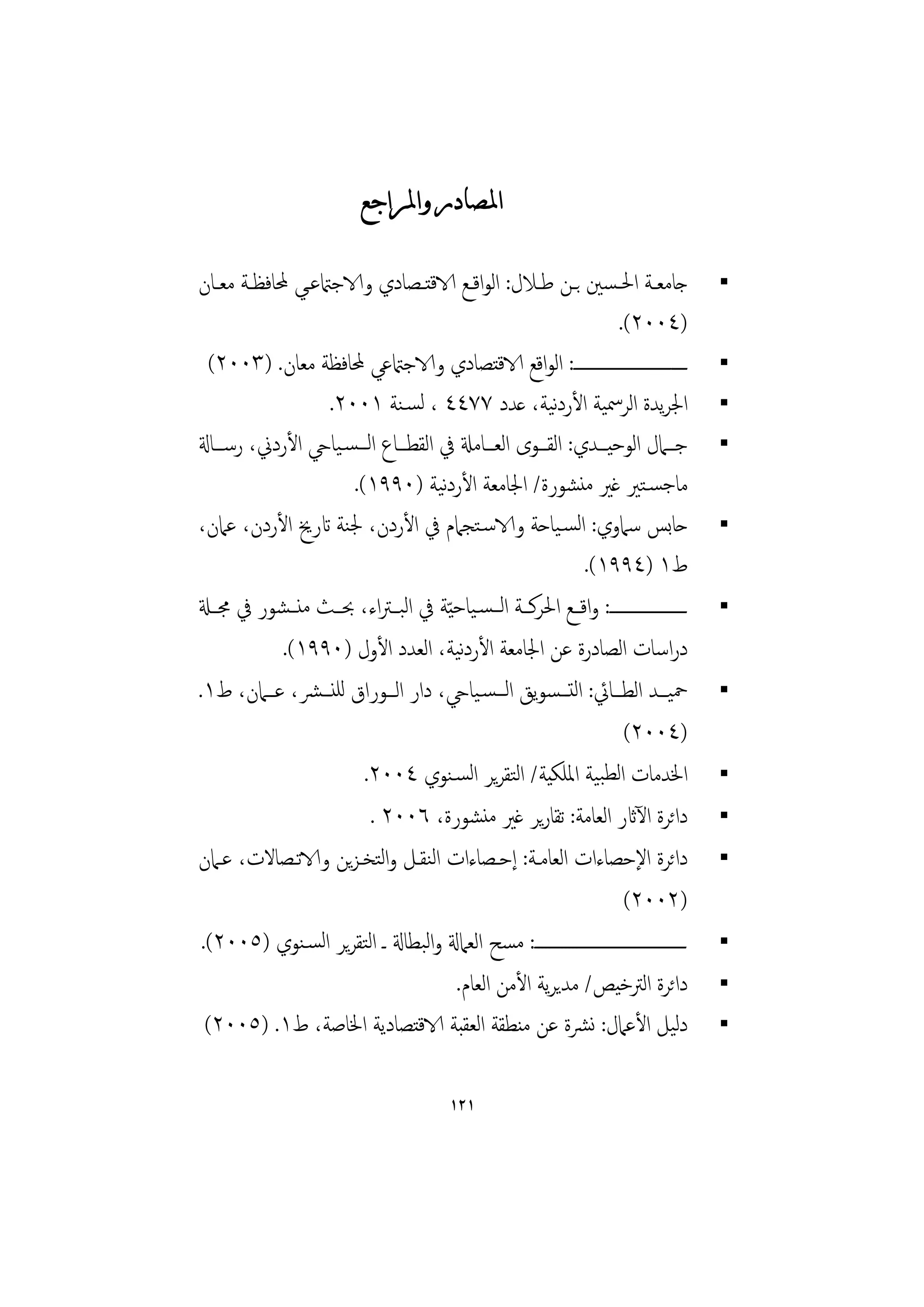 ‫ﺍﳌﺼﺎﺩﺭ ﻭﺍﳌﺮﺍﺟﻊ‬

‫ﺟﺎﻣﻌــﺔ اﳊـﺴﲔ ﺑــﻦ ﻃــﻼل: اﻟﻮاﻗــﻊ الاﻗﺘــﺼﺎدي والاﺟامتﻋــﻲ ﶈﺎﻓﻈــﺔ ﻣﻌــﺎن‬
                                                                      ‫)٤٠٠٢(.‬
  ‫ـــــــــــــــــــــــــــــ: اﻟﻮاﻗﻊ الاﻗﺘﺼﺎدي والاﺟامتﻋﻲ ﶈﺎﻓﻈﺔ ﻣﻌﺎن. )٣٠٠٢(‬
                     ‫اﳉﺮﻳﺪة اﻟﺮﲰﻴﺔ اﻷردﻴﺔ، ﻋﺪد ٧٧٤٤ ، ﻟﺴـﻨﺔ ١٠٠٢.‬
                                                         ‫ﻧ‬
‫ﺟـــﲈل اﻟﻮﺣﻴـــﺪي: اﻟﻘـــﻮى اﻟﻌـــﺎﻣةل ﰲ اﻟﻘﻄـــﺎع اﻟـــﺴـﻴﺎيح اﻷردﱐ، رﺳـــﺎةل‬
                         ‫ﻣﺎﺟﺴـﺘﲑ ﻏﲑ ﻣﻨﺸﻮرة/ اﳉﺎﻣﻌﺔ اﻷردﻴﺔ )٠٩٩١(.‬
                                      ‫ﻧ‬
‫ﺣﺎﺑﺲ ﺳﲈوي: اﻟﺴـﻴﺎﺣﺔ والاﺳـﺘﺠﲈم ﰲ اﻷردن، ﳉﻨﺔ اترﱗ اﻷردن، ﻋﲈن،‬
                                                              ‫ط١ )٤٩٩١(.‬
‫ــــــــــــــــــــ: واﻗــﻊ اﳊﺮﻛــﺔ اﻟــﺴـﻴﺎﺣ ّﻴﺔ ﰲ اﻟﺒــﱰاء، ﲝــﺚ ﻣﻨــﺸﻮر ﰲ ﳎــةل‬
                                         ‫ﻧ‬
              ‫دراﺳﺎت اﻟﺼﺎدرة ﻋﻦ اﳉﺎﻣﻌﺔ اﻷردﻴﺔ، اﻟﻌﺪد اﻷول )٠٩٩١(.‬
‫ﲪﻴـــﺪ اﻟﻄـــﺎﰄ: اﻟﺘـــﺴﻮﻳﻖ اﻟـــﺴـﻴﺎيح، دار اﻟـــﻮراق ﻟﻠﻨـــﴩ، ﻋـــﲈن، ط١.‬
                                                                       ‫)٤٠٠٢(‬
                           ‫اﳋﺪﻣﺎت اﻟﻄﺒﻴﺔ اﳌﻠﻜﻴﺔ/ اﻟﺘﻘﺮﻳﺮ اﻟﺴـﻨﻮي ٤٠٠٢.‬
                            ‫داﺋﺮة اﻵاثر اﻟﻌﺎﻣﺔ: ﺗﻘﺎرﻳﺮ ﻏﲑ ﻣﻨﺸﻮرة، ٦٠٠٢ .‬
‫داﺋﺮة اﻹﺣﺼﺎءات اﻟﻌﺎﻣـﺔ: إﺣـﺼﺎءات اﻟﻨﻘـﻞ واﻟﺘﺨـﺰﻳﻦ والاﺗـﺼﺎﻻت، ﻋـﲈن‬
                                                                       ‫)٢٠٠٢(‬
 ‫ـــــــــــــــــــــــــــــــــــــــ: ﻣﺴﺢ اﻟﻌﲈةل واﻟﺒﻄﺎةل ـ اﻟﺘﻘﺮﻳﺮ اﻟﺴـﻨﻮي )٥٠٠٢(.‬
                                        ‫داﺋﺮة اﻟﱰﺧﻴﺺ/ ﻣﺪﻳﺮﻳﺔ اﻷﻣﻦ اﻟﻌﺎم.‬
  ‫دﻟﻴﻞ اﻷﻋﲈل: ﻧﴩة ﻋﻦ ﻣﻨﻄﻘﺔ اﻟﻌﻘﺒﺔ الاﻗﺘﺼﺎدﻳﺔ اﳋﺎﺻﺔ، ط١. )٥٠٠٢(‬

                                            ‫١٢١‬
 