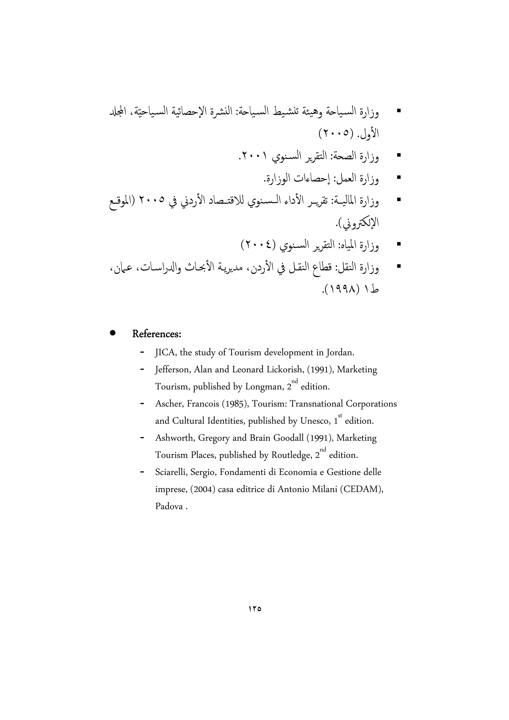 ‫وزارة اﻟﺴـﻴﺎﺣﺔ وﻫﻴﺌﺔ ﺗﻨﺸـﻴﻂ اﻟﺴـﻴﺎﺣﺔ: اﻟﻨﴩة اﻹﺣﺼﺎﻴﺔ اﻟﺴـﻴﺎﺣ ّﻴﺔ، اجملدل‬
                      ‫ﺋ‬
                                                       (٢٠٠٥) .‫اﻷول‬
                                   .٢٠٠١ ‫وزارة اﻟﺼﺤﺔ: اﻟﺘﻘﺮﻳﺮ اﻟﺴـﻨﻮي‬
                                         .‫وزارة اﻟﻌﻤﻞ: إﺣﺼﺎءات اﻟﻮزارة‬
‫وزارة اﳌﺎﻟﻴــﺔ: ﺗﻘﺮﻳــﺮ اﻷداء اﻟــﺴـﻨﻮي ﻟﻼﻗﺘــﺼﺎد اﻷردﱐ ﰲ ٥٠٠٢ )اﳌﻮﻗــﻊ‬
                                                           .(‫اﻹﻟﻜﱰوﱐ‬
                                    (٢٠٠٤) ‫وزارة اﳌﻴﺎﻩ: اﻟﺘﻘﺮﻳﺮ اﻟﺴـﻨﻮي‬
،‫وزارة اﻟﻨﻘﻞ: ﻗﻄﺎع اﻟﻨﻘـﻞ ﰲ اﻷردن، ﻣﺪﻳﺮﻳـﺔ اﻷﲝـﺎث وادلراﺳـﺎت، ﻋـﲈن‬
                                                        .(١٩٩٨) ١‫ط‬

•     References:
        - JICA, the study of Tourism development in Jordan.
        - Jefferson, Alan and Leonard Lickorish, (1991), Marketing
          Tourism, published by Longman, 2nd edition.
        - Ascher, Francois (1985), Tourism: Transnational Corporations
          and Cultural Identities, published by Unesco, 1st edition.
        - Ashworth, Gregory and Brain Goodall (1991), Marketing
          Tourism Places, published by Routledge, 2nd edition.
        - Sciarelli, Sergio, Fondamenti di Economia e Gestione delle
          imprese, (2004) casa editrice di Antonio Milani (CEDAM),
          Padova .




                                    ١٢٥
 