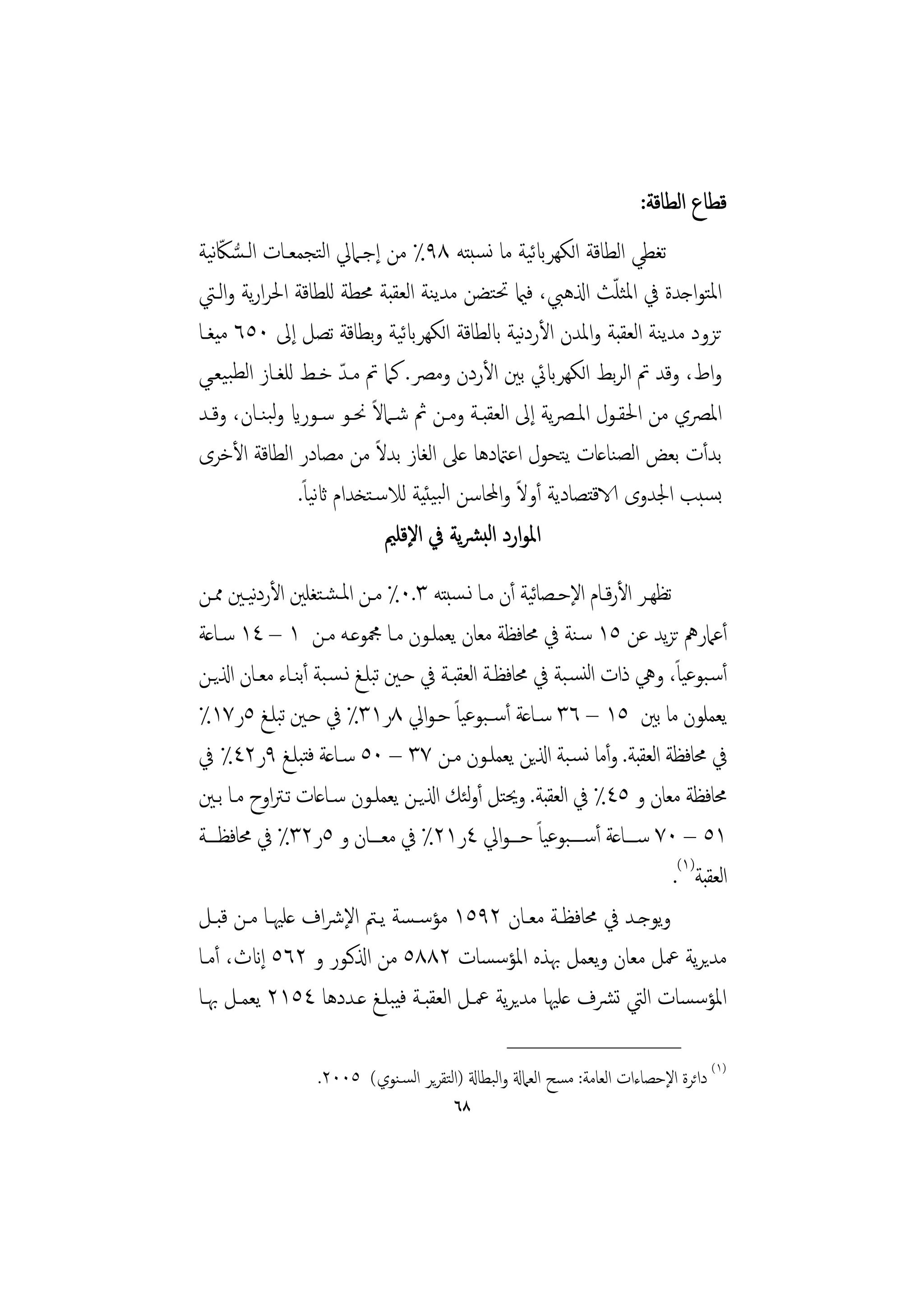 ‫ﻗﻄﺎع اﻟﻄﺎﻗﺔ:‬
‫ﺗﻐﻄﻲ اﻟﻄﺎﻗﺔ اﻟﻜﻬﺮابﻴﺔ ﻣﺎ ﻧﺴﺒﺘﻪ ٨٩٪ ﻣﻦ إﺟـﲈﱄ اﻟﺘﺠﻤﻌـﺎت اﻟـﺴﲀﻧﻴﺔ‬
    ‫ُّ ّ‬                                             ‫ﺋ‬
                                                             ‫ّ‬
‫اﳌﺘﻮاﺟﺪة ﰲ اﳌﺜﻠﺚ اذلﻫﱯ، ﻓامي ﲢﺘﻀﻦ ﻣﺪﻳﻨﺔ اﻟﻌﻘﺒﺔ ﳏﻄﺔ ﻟﻠﻄﺎﻗﺔ اﳊﺮارﻳﺔ واﻟـﱵ‬
‫ﺗﺰود ﻣﺪﻳﻨﺔ اﻟﻌﻘﺒﺔ واﳌﺪن اﻷردﻴﺔ ابﻟﻄﺎﻗﺔ اﻟﻜﻬﺮابﻴﺔ وﺑﻄﺎﻗﺔ ﺗﺼﻞ إﱃ ٠٥٦ ﻣﻴﻐـﺎ‬
                                  ‫ﺋ‬                ‫ﻧ‬
                        ‫ّ‬
‫واط، وﻗﺪ ﰎ اﻟﺮﺑﻂ اﻟﻜﻬﺮابﰄ ﺑﲔ اﻷردن وﻣﴫ. ﻛﲈ ﰎ ﻣـﺪ ﺧـﻂ ﻟﻠﻐـﺎز اﻟﻄﺒﻴﻌـﻲ‬
                            ‫ً‬
‫اﳌﴫي ﻣﻦ اﳊﻘـﻮل اﳌـﴫﻳﺔ إﱃ اﻟﻌﻘﺒـﺔ وﻣـﻦ ﰒ ﺷـﲈﻻ ﳓـﻮ ﺳـﻮراي وﻟﺒﻨـﺎن، وﻗـﺪ‬
                              ‫ً‬
‫ﺑﺪأت ﺑﻌﺾ اﻟﺼﻨﺎﻋﺎت ﻳﺘﺤﻮل اﻋامتدﻫﺎ ﻋﲆ اﻟﻐﺎز ﺑﺪﻻ ﻣﻦ ﻣﺼﺎدر اﻟﻄﺎﻗﺔ اﻷﺧﺮى‬
                ‫ﺑﺴﺒﺐ اﳉﺪوى الاﻗﺘﺼﺎدﻳﺔ أوﻻ واﶈﺎﺳﻦ اﻟﺒﻴﺌﻴﺔ ﻟﻼﺳـﺘﺨﺪام اثﻴﺎً.‬
                    ‫ﻧ‬                            ‫ً‬
                                ‫اﳌﻮارد اﻟﺒﴩﻳﺔ ﰲ اﻹﻗﻠﲓ‬
‫ﺗﻈﻬــﺮ اﻷرﻗــﺎم اﻹﺣــﺼﺎﻴﺔ أن ﻣــﺎ ﻧـﺴﺒﺘﻪ ٣.٠٪ ﻣــﻦ اﳌـﺸـﺘﻐﻠﲔ اﻷردﻴـﲔ ﳑــﻦ‬
         ‫ﻧ‬                                           ‫ﺋ‬
‫أﻋﲈرﱒ ﺗﺰﻳﺪ ﻋﻦ ٥١ ﺳـﻨﺔ ﰲ ﳏﺎﻓﻈﺔ ﻣﻌﺎن ﻳﻌﻤﻠـﻮن ﻣـﺎ ﶍﻮﻋـﻪ ﻣـﻦ ١ – ٤١ ﺳـﺎﻋﺔ‬
                                                                           ‫ً‬
‫أﺳـﺒﻮﻋﻴﺎ، وﱔ ذات اﻟﻨﺴـﺒﺔ ﰲ ﳏﺎﻓﻈـﺔ اﻟﻌﻘﺒـﺔ ﰲ ﺣـﲔ ﺗﺒﻠـﻎ ﻧـﺴـﺒﺔ أﻨـﺎء ﻣﻌـﺎن اذلﻳـﻦ‬
                  ‫ﺑ‬
‫ﻳﻌﻤﻠﻮن ﻣﺎ ﺑﲔ ٥١ – ٦٣ ﺳـﺎﻋﺔ أﺳــﺒﻮﻋﻴﺎً ﺣـﻮاﱄ ٨ر١٣٪ ﰲ ﺣـﲔ ﺗﺒﻠـﻎ ٥ر٧١٪‬
‫ﰲ ﳏﺎﻓﻈﺔ اﻟﻌﻘﺒﺔ. وأﻣﺎ ﻧﺴـﺒﺔ اذلﻳﻦ ﻳﻌﻤﻠـﻮن ﻣـﻦ ٧٣ – ٠٥ ﺳـﺎﻋﺔ ﻓﺘﺒﻠـﻎ ٩ر٢٤٪ ﰲ‬
‫ﳏﺎﻓﻈﺔ ﻣﻌﺎن و ٥٤٪ ﰲ اﻟﻌﻘﺒﺔ. وﳛﺘﻞ أوﺌﻚ اذلﻳـﻦ ﻳﻌﻤﻠـﻮن ﺳـﺎﻋﺎت ﺗـﱰاوح ﻣـﺎ ﺑـﲔ‬
                                           ‫ﻟ‬
‫١٥ – ٠٧ ﺳـــﺎﻋﺔ أﺳــــﺒﻮﻋﻴﺎً ﺣـــﻮاﱄ ٤ر١٢٪ ﰲ ﻣﻌـــﺎن و ٥ر٢٣٪ ﰲ ﳏﺎﻓﻈـــﺔ‬
                                                                          ‫اﻟﻌﻘﺒﺔ)١(.‬
‫وﻳﻮﺟــﺪ ﰲ ﳏﺎﻓﻈــﺔ ﻣﻌــﺎن ٢٩٥١ ﻣﺆﺳـﺴﺔ ﻳــﱲ اﻹﴍاف ﻋﻠﳱــﺎ ﻣــﻦ ﻗﺒــﻞ‬
‫ﻣﺪﻳﺮﻳﺔ ﲻﻞ ﻣﻌﺎن وﻳﻌﻤﻞ ﲠﺬﻩ اﳌﺆﺳﺴﺎت ٢٨٨٥ ﻣﻦ اذلﻛـﻮر و ٢٦٥ إانث، أﻣـﺎ‬
‫اﳌﺆﺳﺴﺎت اﻟﱵ ﺗﴩف ﻋﻠﳱﺎ ﻣﺪﻳﺮﻳﺔ ﲻـﻞ اﻟﻌﻘﺒـﺔ ﻓﻴﺒﻠـﻎ ﻋـﺪدﻫﺎ ٤٥١٢ ﻳﻌﻤـﻞ ﲠـﺎ‬
                                                  ‫________________‬
                  ‫)١( داﺋﺮة اﻹﺣﺼﺎءات اﻟﻌﺎﻣﺔ: ﻣﺴﺢ اﻟﻌﲈةل واﻟﺒﻄﺎةل )اﻟﺘﻘﺮﻳﺮ اﻟﺴـﻨﻮي( ٥٠٠٢.‬
                                         ‫٨٦‬
 