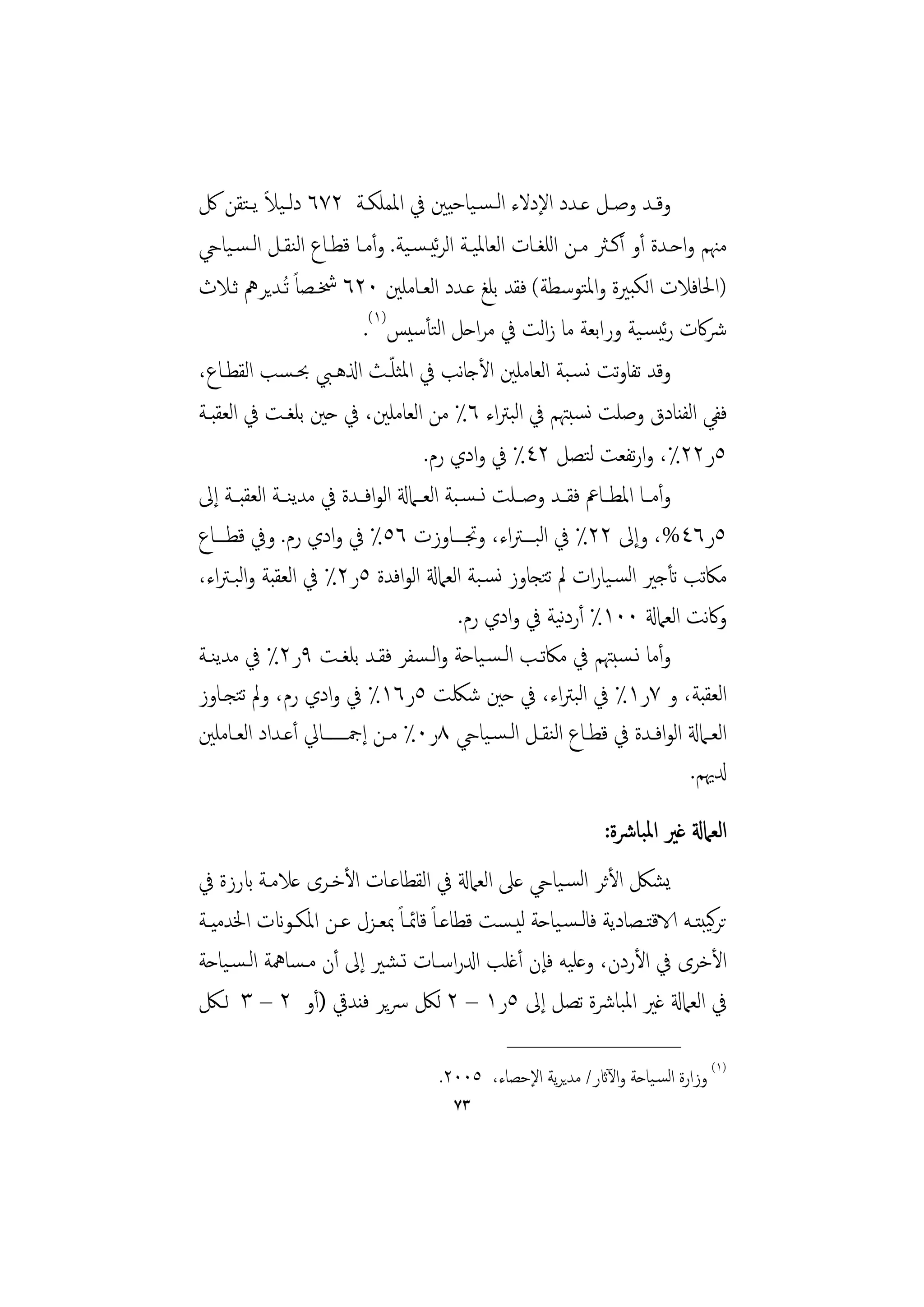 ‫ً‬
‫وﻗــﺪ وﺻــﻞ ﻋــﺪد اﻹدﻻء اﻟـﺴـﻴﺎﺣﻴﲔ ﰲ اﳌﻤﻠﻜــﺔ ٢٧٦ دﻟـﻴﻼ ﻳـﺘﻘﻦ ﰻ‬
‫ﻣﳯﻢ واﺣـﺪة أو أﻛـﱶ ﻣـﻦ اﻟﻠﻐـﺎت اﻟﻌﺎﳌﻴـﺔ اﻟﺮﺋﻴـﺴـﻴﺔ. وأﻣـﺎ ﻗﻄـﺎع اﻟﻨﻘـﻞ اﻟـﺴـﻴﺎيح‬
‫)اﳊﺎﻓﻼت اﻟﻜﺒﲑة واﳌﺘﻮﺳﻄﺔ( ﻓﻘﺪ ﺑﻠﻎ ﻋـﺪد اﻟﻌـﺎﻣﻠﲔ ٠٢٦ ﴯـﺼﺎً ُﺗـﺪﻳﺮﱒ ﺛـﻼث‬
                            ‫ﴍﰷت رﺋﻴﺴـﻴﺔ وراﺑﻌﺔ ﻣﺎ زاﻟﺖ ﰲ ﻣﺮاﺣﻞ اﻟﺘﺄﺳﻴﺲ)١(.‬
                                 ‫ّ‬
‫وﻗﺪ ﺗﻔﺎوﺗﺖ ﻧﺴـﺒﺔ اﻟﻌﺎﻣﻠﲔ اﻷﺟﺎﻧﺐ ﰲ اﳌﺜﻠـﺚ اذلﻫـﱯ ﲝـﺴﺐ اﻟﻘﻄـﺎع،‬
‫ﻓﻔﻲ اﻟﻔﻨﺎدق وﺻﻠﺖ ﻧﺴﺒﳤﻢ ﰲ اﻟﺒﱰاء ٦٪ ﻣﻦ اﻟﻌﺎﻣﻠﲔ، ﰲ ﺣﲔ ﺑﻠﻐـﺖ ﰲ اﻟﻌﻘﺒـﺔ‬
                                     ‫٥ر٢٢٪، وارﺗﻔﻌﺖ ﻟﺘﺼﻞ ٢٤٪ ﰲ وادي رم.‬
‫وأﻣــﺎ اﳌﻄــﺎﰪ ﻓﻘــﺪ وﺻــﻠﺖ ﻧ ـﺴـﺒﺔ اﻟﻌــﲈةل اﻟﻮاﻓــﺪة ﰲ ﻣﺪﻳﻨــﺔ اﻟﻌﻘﺒــﺔ إﱃ‬
‫٥ر٦٤%، وإﱃ ٢٢٪ ﰲ اﻟﺒـــﱰاء، وﲡـــﺎوزت ٦٥٪ ﰲ وادي رم. وﰲ ﻗﻄـــﺎع‬
‫ﻣﲀﺗﺐ ﺗﺄﺟﲑ اﻟﺴـﻴﺎرات ﱂ ﺗﺘﺠﺎوز ﻧﺴـﺒﺔ اﻟﻌﲈةل اﻟﻮاﻓﺪة ٥ر٢٪ ﰲ اﻟﻌﻘﺒﺔ واﻟﺒـﱰاء،‬
                                           ‫وﰷﻧﺖ اﻟﻌﲈةل ٠٠١٪ أردﻴﺔ ﰲ وادي رم.‬
                                                          ‫ﻧ‬
‫وأﻣﺎ ﻧـﺴﺒﳤﻢ ﰲ ﻣﲀﺗـﺐ اﻟـﺴـﻴﺎﺣﺔ واﻟـﺴﻔﺮ ﻓﻘـﺪ ﺑﻠﻐـﺖ ٩ر٢٪ ﰲ ﻣﺪﻳﻨـﺔ‬
‫اﻟﻌﻘﺒﺔ، و ٧ر١٪ ﰲ اﻟﺒﱰاء، ﰲ ﺣﲔ ﺷﳫﺖ ٥ر٦١٪ ﰲ وادي رم، وﱂ ﺗﺘﺠـﺎوز‬
‫اﻟﻌــﲈةل اﻟﻮاﻓــﺪة ﰲ ﻗﻄــﺎع اﻟﻨﻘــﻞ اﻟـﺴـﻴﺎيح ٨ر٠٪ ﻣــﻦ إﲨـــــــﺎﱄ أﻋــﺪاد اﻟﻌــﺎﻣﻠﲔ‬
                                                                             ‫دلﳞﻢ.‬
                                                                  ‫اﻟﻌﲈةل ﻏﲑ اﳌﺒﺎﴍة:‬
‫ﻳﺸﲁ اﻷﺛﺮ اﻟﺴـﻴﺎيح ﻋﲆ اﻟﻌﲈةل ﰲ اﻟﻘﻄﺎﻋـﺎت اﻷﺧـﺮى ﻋﻼﻣـﺔ ابرزة ﰲ‬
‫ﺗﺮﻴﺒﺘــﻪ الاﻗﺘــﺼﺎدﻳﺔ ﻓﺎﻟـﺴـﻴﺎﺣﺔ ﻟﻴـﺴﺖ ﻗﻄﺎﻋــﺎً ﻗﺎﲚــﺎً ﲟﻌــﺰل ﻋــﻦ اﳌﻜــﻮانت اﳋﺪﻣﻴــﺔ‬
                                                                                    ‫ﻛ‬
‫اﻷﺧﺮى ﰲ اﻷردن، وﻋﻠﻴﻪ ﻓﺈن أﻏﻠﺐ ادلراﺳـﺎت ﺗـﺸﲑ إﱃ أن ﻣـﺴﺎﳘﺔ اﻟـﺴـﻴﺎﺣﺔ‬
‫ﰲ اﻟﻌﲈةل ﻏﲑ اﳌﺒﺎﴍة ﺗﺼﻞ إﱃ ٥ر١ – ٢ ﻟﲁ ﴎﻳﺮ ﻓﻨﺪﰶ )أو ٢ – ٣ ﻟـﲁ‬
                                                  ‫________________‬
                                       ‫)١( وزارة اﻟﺴـﻴﺎﺣﺔ واﻵاثر/ ﻣﺪﻳﺮﻳﺔ اﻹﺣﺼﺎء، ٥٠٠٢.‬
                                         ‫٣٧‬
 