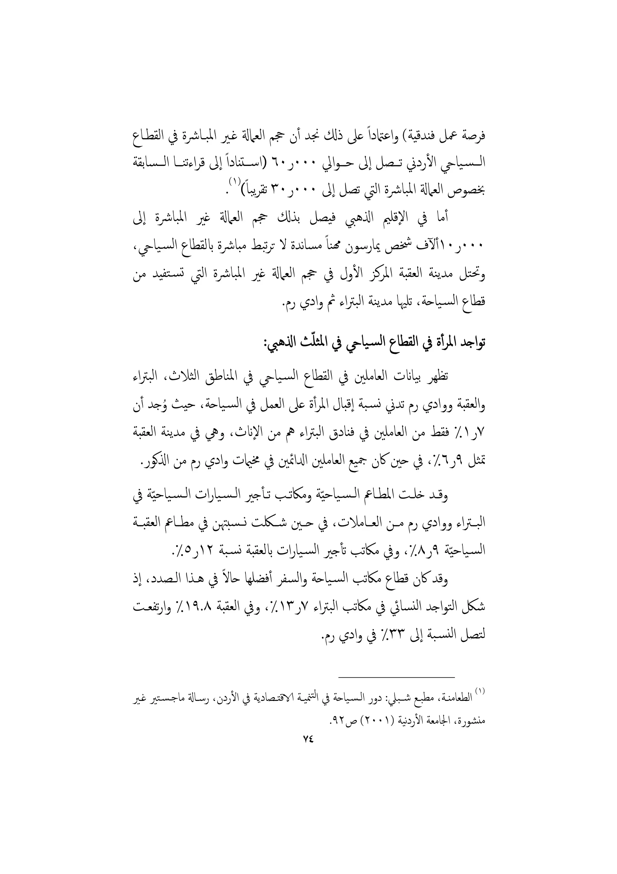 ‫ﻓﺮﺻﺔ ﲻﻞ ﻓﻨﺪﻗﻴﺔ( واﻋامتداً ﻋﲆ ذكل ﳒﺪ أن ﲩﻢ اﻟﻌﲈةل ﻏـﲑ اﳌﺒـﺎﴍة ﰲ اﻟﻘﻄـﺎع‬
‫اﻟـــﺴـﻴﺎيح اﻷردﱐ ﺗـــﺼﻞ إﱃ ﺣـــﻮاﱄ ٠٠٠ر٠٦ )اﺳـــﺘﻨﺎداً إﱃ ﻗﺮاءﻨـــﺎ اﻟـــﺴﺎﺑﻘﺔ‬
                ‫ﺗ‬
                        ‫ﲞﺼﻮص اﻟﻌﲈةل اﳌﺒﺎﴍة اﻟﱵ ﺗﺼﻞ إﱃ ٠٠٠ر٠٣ ﺗﻘﺮﺒﺎً()١(.‬
                                 ‫ﻳ‬
‫أﻣﺎ ﰲ اﻹﻗﻠﲓ اذلﻫﱯ ﻓﻴﺼﻞ ﺑﺬكل ﲩﻢ اﻟﻌﲈةل ﻏﲑ اﳌﺒﺎﴍة إﱃ‬
‫٠٠٠ر٠١أﻵف ﴯﺺ ﳝﺎرﺳﻮن همﻨﺎً ﻣﺴﺎﻧﺪة ﻻ ﺗﺮﺒﻂ ﻣﺒﺎﴍة ابﻟﻘﻄﺎع اﻟﺴـﻴﺎيح،‬
                                    ‫ﺗ‬
‫وﲢﺘﻞ ﻣﺪﻳﻨﺔ اﻟﻌﻘﺒﺔ اﳌﺮﻛﺰ اﻷول ﰲ ﲩﻢ اﻟﻌﲈةل ﻏﲑ اﳌﺒﺎﴍة اﻟﱵ ﺗﺴـﺘﻔﻴﺪ ﻣﻦ‬
                                      ‫ﻗﻄﺎع اﻟﺴـﻴﺎﺣﺔ، ﺗﻠﳱﺎ ﻣﺪﻳﻨﺔ اﻟﺒﱰاء ﰒ وادي رم.‬
                                            ‫ّ‬
                                    ‫ﺗﻮاﺟﺪ اﳌﺮأة ﰲ اﻟﻘﻄﺎع اﻟﺴـﻴﺎيح ﰲ اﳌﺜﻠﺚ اذلﻫﱯ:‬
‫ﺗﻈﻬﺮ ﺑﻴﺎانت اﻟﻌﺎﻣﻠﲔ ﰲ اﻟﻘﻄﺎع اﻟﺴـﻴﺎيح ﰲ اﳌﻨﺎﻃﻖ اﻟﺜﻼث، اﻟﺒﱰاء‬
‫واﻟﻌﻘﺒﺔ ووادي رم ﺗﺪﱐ ﻧﺴـﺒﺔ إﻗﺒﺎل اﳌﺮأة ﻋﲆ اﻟﻌﻤﻞ ﰲ اﻟﺴـﻴﺎﺣﺔ، ﺣﻴﺚ ُوﺟﺪ أن‬
‫٧ر١٪ ﻓﻘﻂ ﻣﻦ اﻟﻌﺎﻣﻠﲔ ﰲ ﻓﻨﺎدق اﻟﺒﱰاء ﱒ ﻣﻦ اﻹانث، وﱔ ﰲ ﻣﺪﻳﻨﺔ اﻟﻌﻘﺒﺔ‬
  ‫ﲤﺜﻞ ٩ر٦٪، ﰲ ﺣﲔ ﰷن ﲨﻴﻊ اﻟﻌﺎﻣﻠﲔ ادلاﲚﲔ ﰲ ﳐاميت وادي رم ﻣﻦ اذلﻛﻮر.‬
‫وﻗــﺪ ﺧﻠــﺖ اﳌﻄــﺎﰪ اﻟـﺴـﻴﺎﺣ ّﻴﺔ وﻣﲀﺗــﺐ ﺗــﺄﺟﲑ اﻟـﺴـﻴﺎرات اﻟـﺴـﻴﺎﺣ ّﻴﺔ ﰲ‬
‫اﻟﺒ ـﱰاء ووادي رم ﻣــﻦ اﻟﻌــﺎﻣﻼت، ﰲ ﺣــﲔ ﺷــﳫﺖ ﻧــﺴﺒﳤﻦ ﰲ ﻣﻄــﺎﰪ اﻟﻌﻘﺒــﺔ‬
          ‫اﻟﺴـﻴﺎﺣ ّﻴﺔ ٩ر٨٪، وﰲ ﻣﲀﺗﺐ ﺗﺄﺟﲑ اﻟﺴـﻴﺎرات ابﻟﻌﻘﺒﺔ ﻧﺴـﺒﺔ ٢١ر٥٪.‬
                     ‫ً‬
‫وﻗﺪ ﰷن ﻗﻄﺎع ﻣﲀﺗﺐ اﻟﺴـﻴﺎﺣﺔ واﻟﺴﻔﺮ أﻓﻀﻠﻬﺎ ﺣﺎﻻ ﰲ ﻫـﺬا اﻟـﺼﺪد، إذ‬
‫ﺷﲁ اﻟﺘﻮاﺟﺪ اﻟﻨﺴﺎﰄ ﰲ ﻣﲀﺗﺐ اﻟﺒﱰاء ٧ر٣١٪، وﰲ اﻟﻌﻘﺒﺔ ٨.٩١٪ وارﺗﻔﻌـﺖ‬
                                            ‫ﻟﺘﺼﻞ اﻟﻨﺴـﺒﺔ إﱃ ٣٣٪ ﰲ وادي رم.‬
                                                         ‫________________‬
‫)١( اﻟﻄﻌﺎﻣﻨــﺔ، ﻣﻄﺒــﻊ ﺷــﺒﲇ: دور اﻟـﺴـﻴﺎﺣﺔ ﰲ اﻟﺘﳮﻴــﺔ الاﻗﺘــﺼﺎدﻳﺔ ﰲ اﻷردن، رﺳــﺎةل ﻣﺎﺟـﺴـﺘﲑ ﻏــﲑ‬
                                                                          ‫ﻧ‬
                                                      ‫ﻣﻨﺸﻮرة، اﳉﺎﻣﻌﺔ اﻷردﻴﺔ )١٠٠٢( ص٢٩.‬
                                               ‫٤٧‬
 