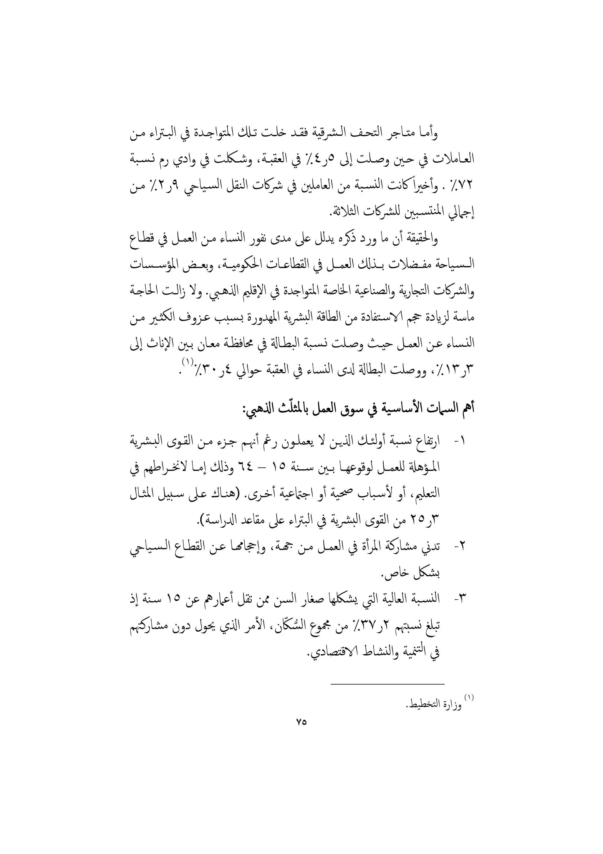 ‫وأﻣــﺎ ﻣﺘــﺎﺟﺮ اﻟﺘﺤــﻒ اﻟـﴩﻴﺔ ﻓﻘــﺪ ﺧﻠــﺖ ﺗــكل اﳌﺘﻮاﺟــﺪة ﰲ اﻟﺒـﱰاء ﻣــﻦ‬
                                              ‫ﻗ‬
‫اﻟﻌــﺎﻣﻼت ﰲ ﺣــﲔ وﺻــﻠﺖ إﱃ ٥ر٤٪ ﰲ اﻟﻌﻘﺒــﺔ، وﺷــﳫﺖ ﰲ وادي رم ﻧـﺴـﺒﺔ‬
‫٢٧٪ . وأﺧﲑاً ﰷﻧﺖ اﻟﻨﺴـﺒﺔ ﻣﻦ اﻟﻌﺎﻣﻠﲔ ﰲ ﴍﰷت اﻟﻨﻘﻞ اﻟﺴـﻴﺎيح ٩ر٢٪ ﻣـﻦ‬
                                                ‫إﺟﲈﱄ اﳌﻨﺘﺴـﺒﲔ ﻟﻠﴩﰷت اﻟﺜﻼﺛﺔ.‬
‫واﳊﻘﻴﻘﺔ أن ﻣﺎ ورد ذﻛﺮﻩ ﻳﺪﻟﻞ ﻋﲆ ﻣﺪى ﻧﻔﻮر اﻟﻨﺴﺎء ﻣـﻦ اﻟﻌﻤـﻞ ﰲ ﻗﻄـﺎع‬
‫اﻟــﺴـﻴﺎﺣﺔ ﻣﻔــﻀﻼت ﺑــﺬكل اﻟﻌﻤــﻞ ﰲ اﻟﻘﻄﺎﻋــﺎت اﳊﻜﻮﻣﻴــﺔ، وﺑﻌــﺾ اﳌﺆﺳــﺴﺎت‬
‫واﴩﰷت اﺘﺠﺎرﻳﺔ واﻟﺼﻨﺎﻋﻴﺔ اﳋﺎﺻﺔ اﳌﺘﻮاﺟﺪة ﰲ اﻹﻗﻠﲓ اذلﻫـﱯ. وﻻ زاﻟـﺖ اﳊﺎﺟـﺔ‬‫ﻟ‬     ‫ﻟ‬
‫ﻣﺎﺳﺔ ﻟﺰايدة ﲩﻢ الاﺳـﺘﻔﺎدة ﻣﻦ اﻟﻄﺎﻗﺔ اﻟﺒﴩﻳﺔ اﳌﻬﺪورة ﺑـﺴﺒﺐ ﻋـﺰوف اﻟﻜﺜـﲑ ﻣـﻦ‬
‫اﻟﻨـﺴﺎء ﻋــﻦ اﻟﻌﻤــﻞ ﺣﻴــﺚ وﺻــﻠﺖ ﻧـﺴـﺒﺔ اﺒﻄــﺎةل ﰲ ﳏﺎﻓﻈــﺔ ﻣﻌــﺎن ﺑــﲔ اﻹانث إﱃ‬
                                       ‫ﻟ‬
             ‫٣ر٣١٪، ووﺻﻠﺖ اﻟﺒﻄﺎةل دلى اﻟﻨﺴﺎء ﰲ اﻟﻌﻘﺒﺔ ﺣﻮاﱄ ٤ر٠٣٪)١(.‬
                                  ‫ّ‬
                          ‫أﱒ اﻟﺴﲈت اﻷﺳﺎﺳـﻴﺔ ﰲ ﺳﻮق اﻟﻌﻤﻞ ابﳌﺜﻠﺚ اذلﻫﱯ:‬
‫١- ارﺗﻔﺎع ﻧﺴـﺒﺔ أوﺌـﻚ اذلﻳـﻦ ﻻ ﻳﻌﻤﻠـﻮن رﰬ أﳖـﻢ ﺟـﺰء ﻣـﻦ اﻟﻘـﻮى اﻟﺒـﴩﻳﺔ‬
                                                     ‫ﻟ‬
‫اﳌــﺆﻫةل ﻟﻠﻌﻤــﻞ ﻟﻮﻗﻮﻋﻬــﺎ ﺑــﲔ ﺳ ــﻨﺔ ٥١ – ٤٦ وذكل إﻣــﺎ ﻻﳔ ـﺮاﻃﻬﻢ ﰲ‬
‫اﻟﺘﻌﻠﲓ، أو ﻷﺳـﺒﺎب ﲱﻴﺔ أو اﺟامتﻋﻴﺔ أﺧـﺮى. )ﻫﻨـﺎك ﻋـﲆ ﺳـﺒﻴﻞ اﳌﺜـﺎل‬
               ‫٣ر٥٢ ﻣﻦ اﻟﻘﻮى اﻟﺒﴩﻳﺔ ﰲ اﻟﺒﱰاء ﻋﲆ ﻣﻘﺎﻋﺪ ادلراﺳﺔ(.‬
‫٢- ﺗﺪﱐ ﻣﺸﺎرﻛﺔ اﳌﺮأة ﰲ اﻟﻌﻤـﻞ ﻣـﻦ هجـﺔ، وإﲩﺎهمـﺎ ﻋـﻦ اﻟﻘﻄـﺎع اﻟـﺴـﻴﺎيح‬
                                                       ‫ﺑﺸﲁ ﺧﺎص.‬
‫٣- اﻟﻨﺴـﺒﺔ اﻟﻌﺎﻟﻴﺔ اﻟﱵ ﻳﺸﳫﻬﺎ ﺻﻐﺎر اﻟﺴﻦ ﳑﻦ ﺗﻘﻞ أﻋﲈرﱒ ﻋﻦ ٥١ ﺳـﻨﺔ إذ‬
‫ﺗﺒﻠﻎ ﻧﺴﺒﳤﻢ ٢ر٧٣٪ ﻣﻦ ﶍﻮع اﻟﺴﲀن، اﻷﻣﺮ اذلي ﳛﻮل دون ﻣﺸﺎرﻛﳤﻢ‬
                                  ‫ُّ ّ‬
                                       ‫ﰲ اﻟﺘﳮﻴﺔ واﻟﻨﺸﺎط الاﻗﺘﺼﺎدي.‬
                                              ‫________________‬
                                                                ‫)١( وزارة اﻟﺘﺨﻄﻴﻂ.‬
                                      ‫٥٧‬
 