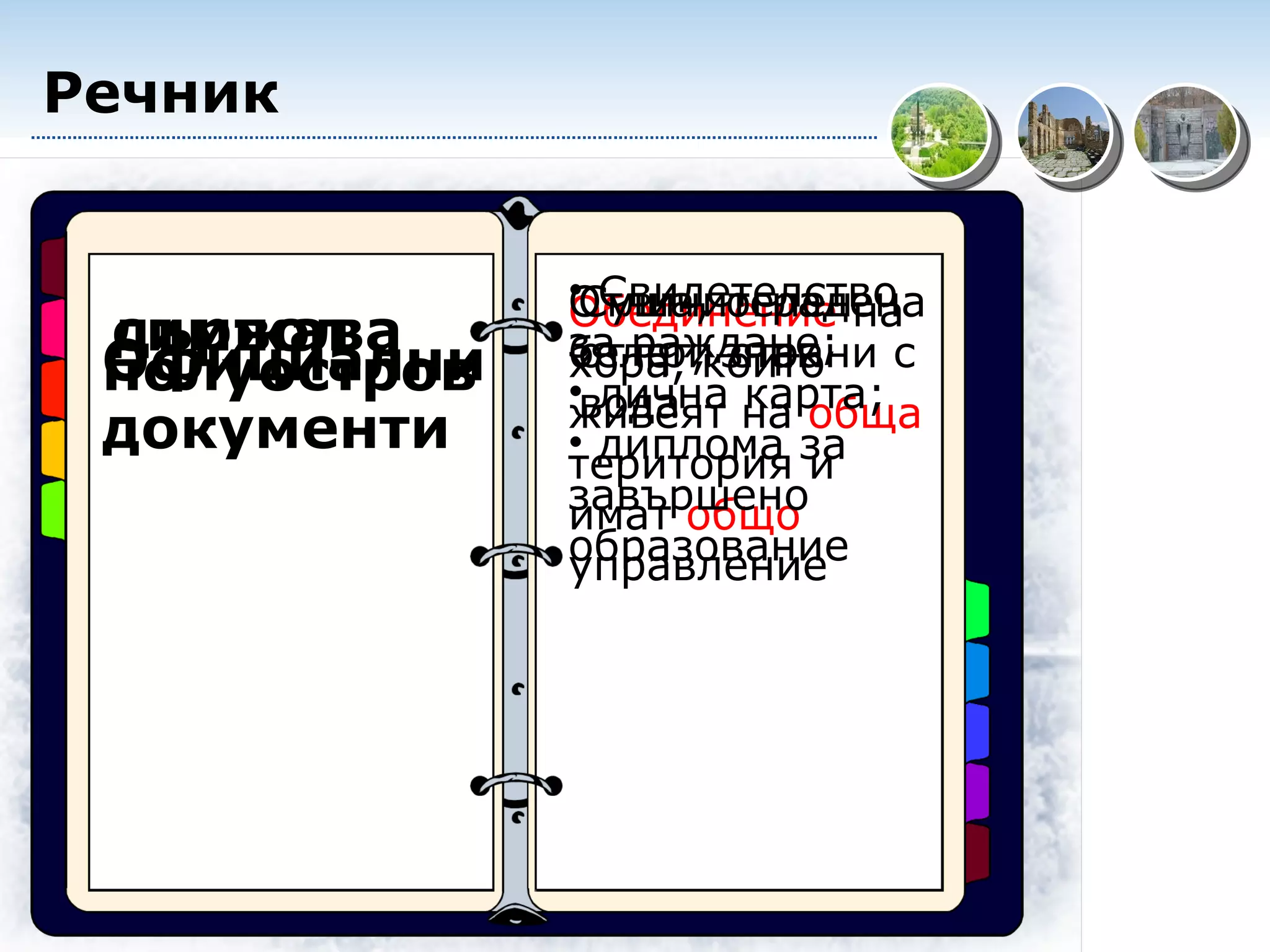 Речник държава Обединение  на хора, които живеят на  обща  територия и имат  общо  управление символ Отличителен белег, знак полуостров Суша, оградена от три страни с вода Официални документи Свидетелство за раждане; лична карта; диплома за завършено образование 