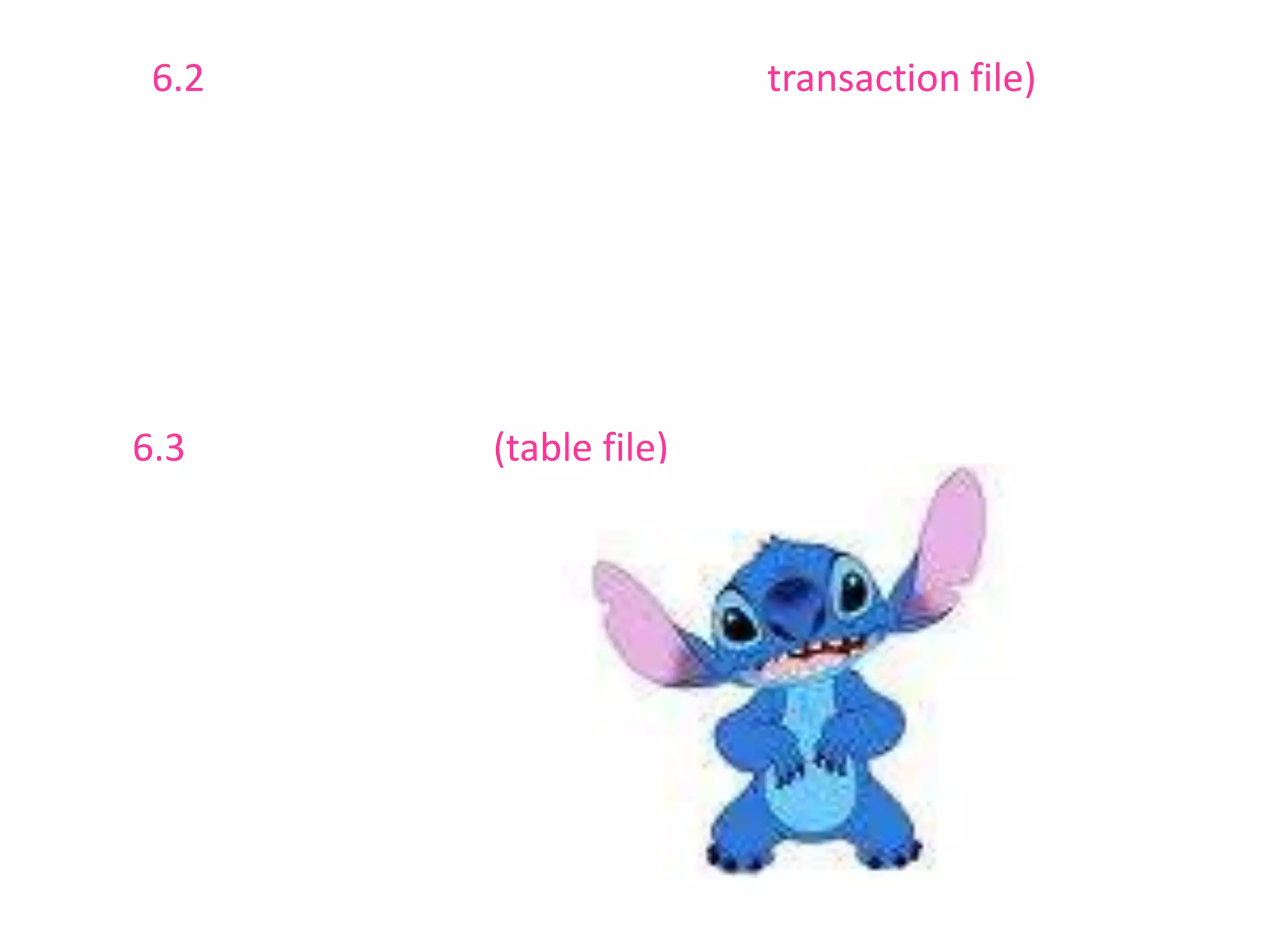        6.2 แฟ้มข้อมูลรายการเปลี่ยนแปลง (transaction file)แฟ้มข้อมูลรายการเปลี่ยนแปลงเป็นแฟ้มข้อมูลที่ประกอบด้วยระเบียนข้อมูลที่มีการเคลื่อนไหว ซึ่งจะถูกรวบรวมเป็นแฟ้มข้อมูลรายการเปลี่ยนแปลงที่เกิดขึ้นในแต่ละงวดในส่วนที่เกี่ยวข้องกับข้อมูลนั้น แฟ้มข้อมูลรายการเปลี่ยนแปลงนี้จะนำไปปรับรายการในแฟ้มข้อมูลหลัก ให้ได้ยอดปัจจุบัน ตัวอย่างเช่น แฟ้มข้อมูลลงทะเบียนเรียนของนักศึกษา       6.3 แฟ้มข้อมูลตาราง (table file)แฟ้มข้อมูลตารางเป็นแฟ้มข้อมูลที่มีค่าคงที่ ซึ่งประกอบด้วยตารางที่เป็นข้อมูลหรือชุดของข้อมูลที่มีความเกี่ยวข้องกันและถูกจัดให้อยู่รวมกันอย่างมีระเบียบ โดยแฟ้มข้อมูลตารางนี้จะถูกใช้ในการประมวลผลกับแฟ้มข้อมูลอื่นเป็นประจำอยู่เสมอ เช่น ตารางอัตราภาษี ตารางราคาสินค้า 