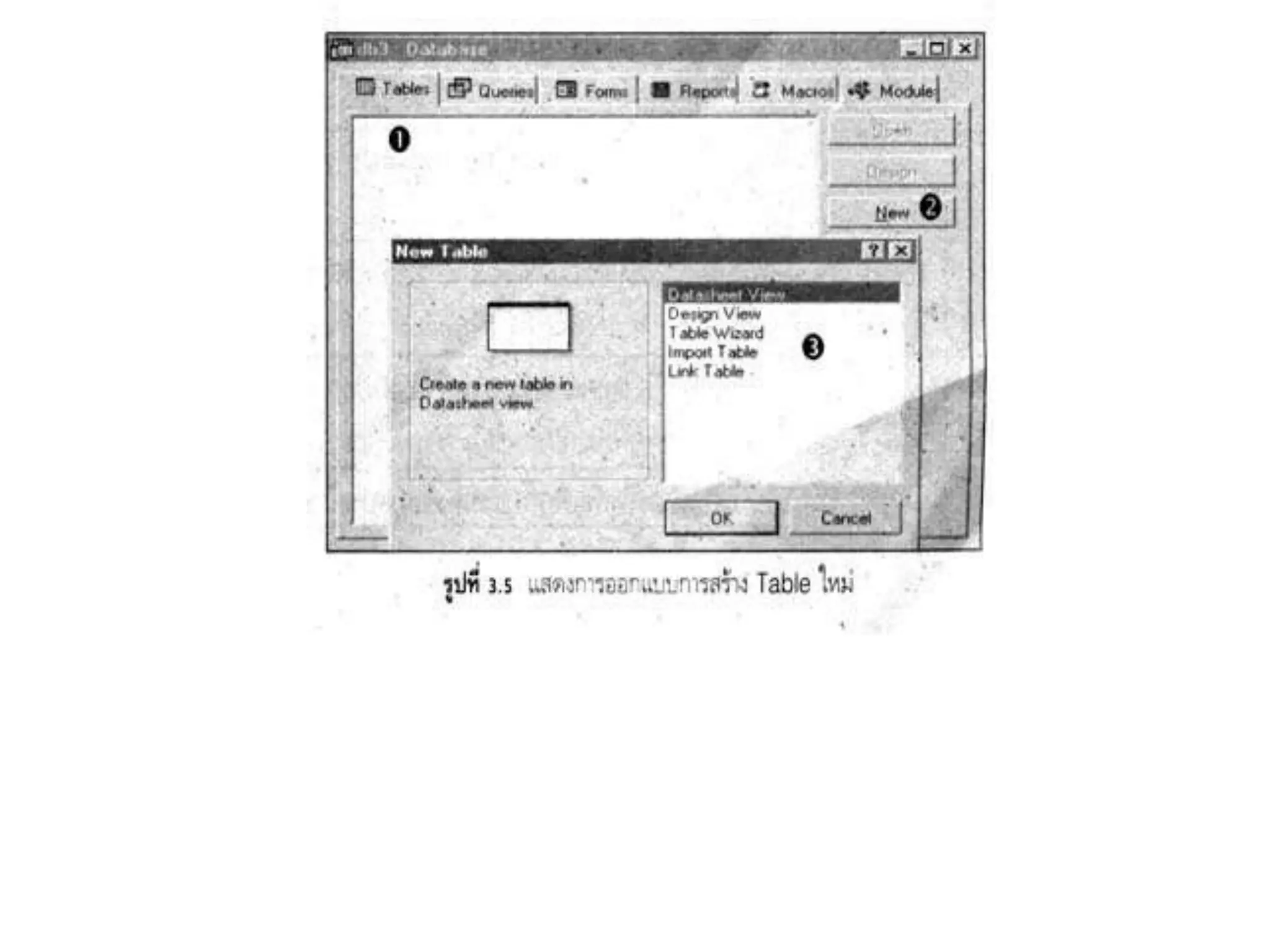 ในหน่วยนี้จะกล่าวเฉพาะกรณีผู้ออกแบบกำหนดเอง ดังนั้นหลังจากเลือก  สร้างตารางในมุมมองออกแบบ  ก็จะปรากฏเมนูการออกแบบโครงสร้างตาราง