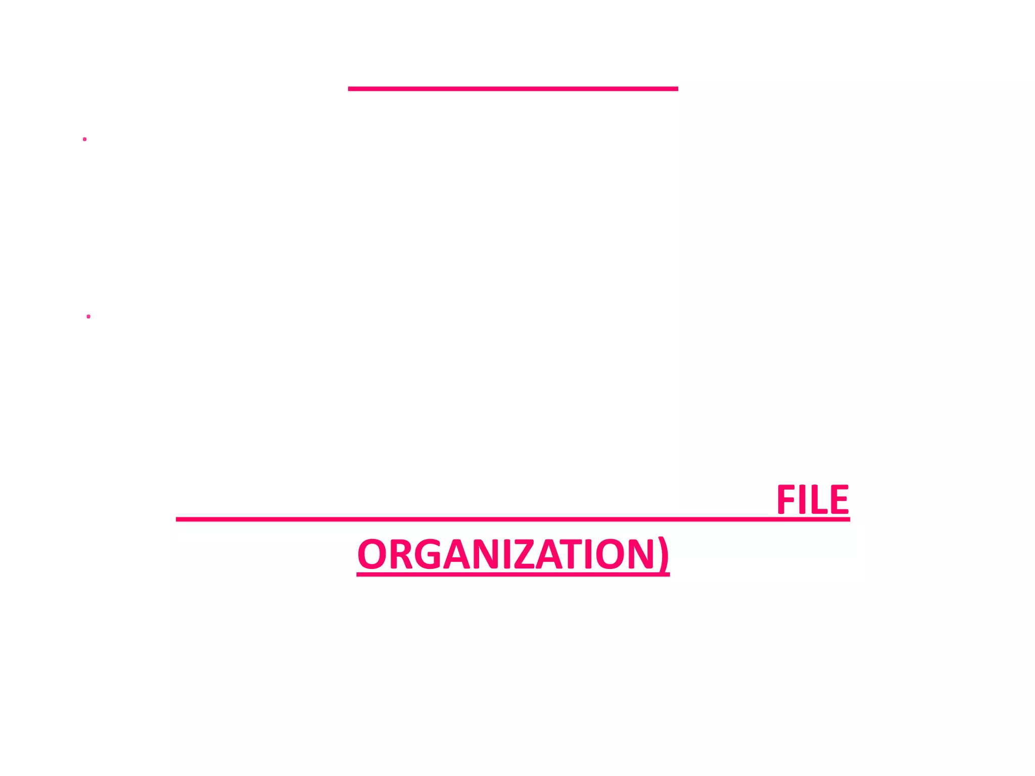 การเข้าถึงข้อมูล · การเข้าถึงแบบลำดับ เป็นการเข้าถึงข้อมูลแบบที่ต้องอ่านข้อมูลตั้งแต่ต้น จนถึงข้อมูลที่ต้องการเหมาะสำหรับการอ่านข้อมูลปริมาณมาก และเรียงลำดับ แต่ไม่เหมาะกับข้อมูลที่มีการเพิ่ม ลบ หรือแก้ไขเป็นประจำ· การเข้าถึงแบบสุ่ม เป็นการเข้าถึงข้อมูลที่ไม่ต้องอาศัยการอ่านข้อมูลตั้งแต่ต้น การเข้าถึงข้อมูลลักษณะนี้จะต้องใช้กลไกการหาตำแหน่งระเบียน วิธีต่างๆ เหมาะสำหรับการค้นหาข้อมูลจำนวนไม่มาก และเหมาะสำหรับแฟ้มที่มีการเพิ่ม ลบ และแก้ไขเป็นประจำการจัดโครงสร้างแฟ้มข้อมูล (FILE ORGANIZATION)การจัดโครงสร้างแฟ้มข้อมูลแบบต่างๆ มีลักษณะเฉพาะตัวในการเข้าถึงข้อมูล มีดังนี้ 