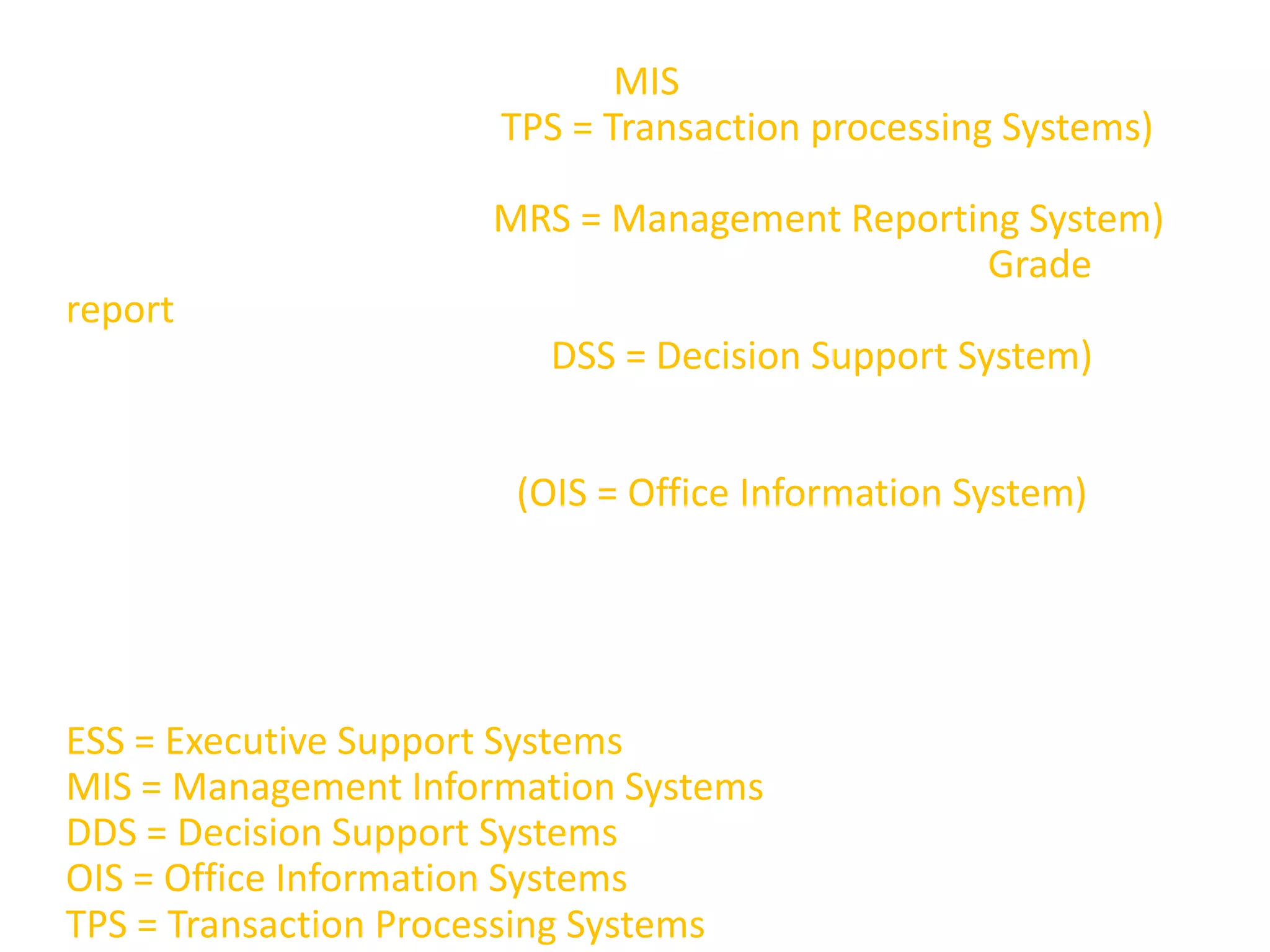 ระบบย่อย หรือส่วนประกอบของ MIS ระบบประมวลผลรายการ (TPS = Transaction processing Systems) เช่น การบันทึกรายการบัญชี การขาย การผลิต เป็นต้นระบบการจัดการรายงาน (MRS = Management Reporting System) ช่วยจัดเตรียมรายงานสนองความต้องการของผู้ใช้ เช่น Grade report ระบบสนับสนุนการตัดสินใจ (DSS = Decision Support System) ช่วยเตรียมรายงาน เพื่อเป็นประโยชน์ในการตัดสินใจของผู้บริหารระดับต่าง ๆระบบสารสนเทศสำนักงาน (OIS = Office Information System) ระบบสารสนเทศในสำนักงานโดยอาศัยอุปกรณ์คอมพิวเตอร์การรวมความสัมพันธ์ของแต่ละระบบย่อยเข้าด้วยกันESS = Executive Support Systems MIS = Management Information Systems DDS = Decision Support Systems OIS = Office Information Systems TPS = Transaction Processing Systems 