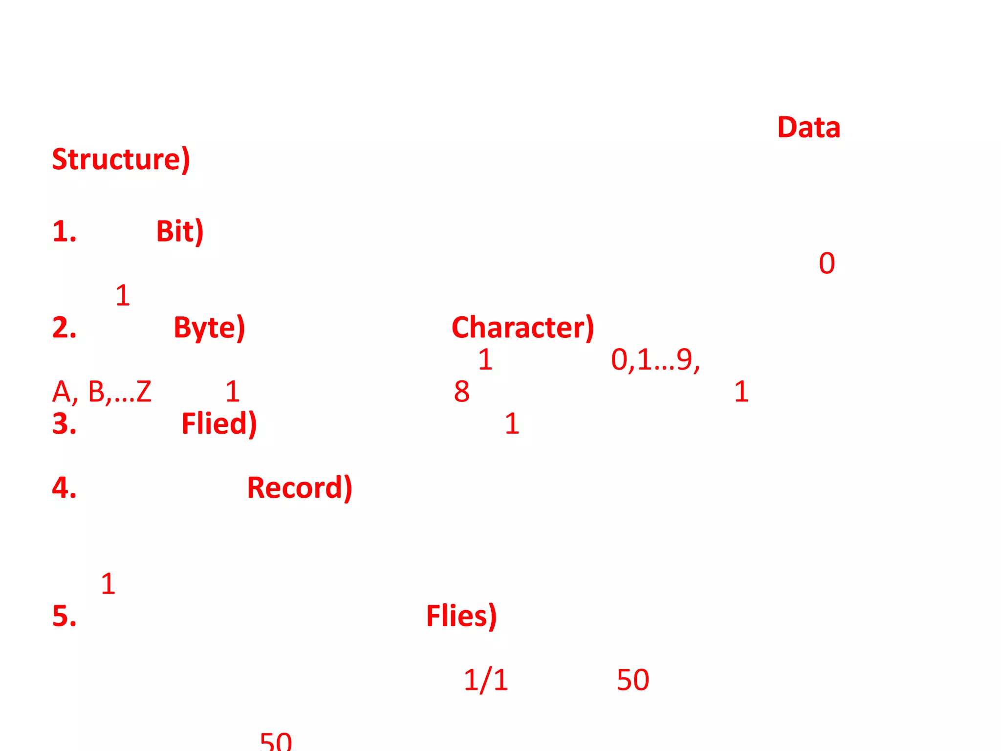 โครงสร้างของข้อมูล           ในระบบคอมพิวเตอร์จะมีการจัดโครงสร้างข้อมูล (Data Structure) ซึ่งประกอบด้วยข้อมูลที่มีขนาดต่างกัน ดังนี้1. บิต (Bit) เป็นหน่วยข้อมูลที่มีขนาดเล็กที่สุด ซึ่งเป็นข้อมูลที่เครื่องคอมพิวเตอร์สามารถเข้าใจและนำไปใช้งานได้ ได้แก่ เลข 0 และ เลข 12. ไบต์ (Byte) หรือ อักขระ (Character) ได้แก่ ตัวเลข หรือ ตัวอักษร หรือ สัญลักษณ์พิเศษ 1 ตัว เช่น 0,1…9, A, B,…Z   ซึ่ง 1 ไบต์ จะเท่ากับ 8 บิต หรือ ตัวอักขระ 1 ตัว3. ฟิลด์ (Flied) คือ อักขระ ตั้งแต่ 1 ตัวขึ้นไป รวมกันเป็น ฟิลด์ เช่น เลขประจำตัว ชื่อสกุล เป็นต้น4. เรคคอร์ด (Record) คือ การนำเอาฟิลด์หลายฟิลด์และมีความสัมพันธ์มารวมกลุ่มกัน เช่น นักเรียนแต่ละคนจะมีข้อมูลที่เกี่ยวกับ ชื่อ สกุล อายุ เพศ เกรดเฉลี่ยฯลฯ โดยข้อมูลในลักษณะนี้คือ 1 เรคคอร์ดนั่นเอง5. แฟ้มข้อมูล หรือ ไฟล์ ( Flies) คือ เรคคอร์ดหลายๆ เรคคอร์ดรวมกัน และเป็นเรื่องเดียวกัน เช่น แฟ้มข้อมูลนักเรียนห้อง ม.1/1 จำนวน 50 คน ทุกคนจะมีข้อมูลเกี่ยวกับ ชื่อ สกุล เพศ อายุ เกรดเฉลี่ย ฯลฯ ซึ่งข้อมูลทั้งหมดนี้ของนักเรียนจำนวน 50 คนนี้ เรียกว่า แฟ้มข้อมูล6. ฐานข้อมูล (Database) คือ การเก็บรวบรวมไฟล์หรือแฟ้มข้อมูลหลายๆ ไฟล์ที่เกี่ยวข้องมารวมกัน                              