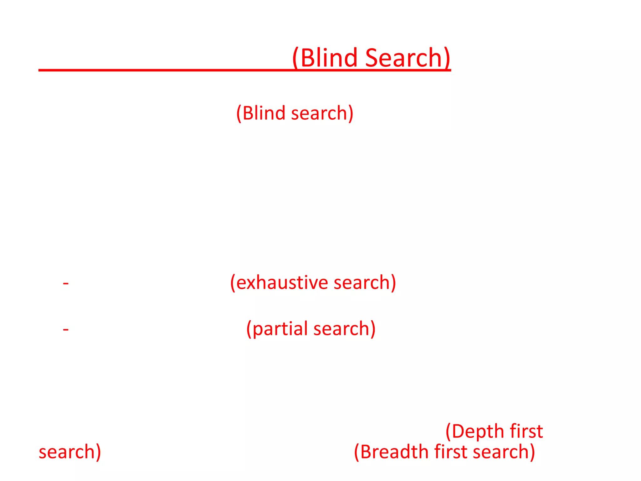 การค้นหาแบบไบล์ด(Blind Search)      การค้นหาแบบไบล์ด(Blind search) เป็นการค้นหาแบบที่เดินทางจากโหนดหนึ่งไปยังอีกโหนดหนึ่ง โดยอาศัยทิศทางเป็นตัวกําหนดการค้นหา ไม่ต้องมีข้อมูลอะไรมาช่วยเสริมการตัดสินใจว่าจะเดินทางต่อไปอย่างไร หรือกล่าวอย่างง่าย ๆ คือการจะหยิบข้อมูลใดมาช่วยในการค้นหาต่อไป ไม่ต้องอาศัยข้อมูลใด ๆ ทั้งสิ้น นอกจากทิศทางซึ่งเป็นรูปแบบตายตัว   การค้นหาแบบไบล์ดสามารถแบ่งย่อยได้ดังนี้ คือ การค้นหาทั้หมด  และการค้นหาบางส่วน     -  การค้นหาทั้งหมด(exhaustive search) คือ การค้นหาทั้งหมดของปริภูมิสถานะ     -  การค้นหาบางส่วน (partial search)  การค้นหาเพียงบางส่วนของปริภูมิสถานะ ซึ่งในความเป็นจริงการค้นหาส่วนมากใช้การค้นหาเฉพาะบางส่วนเท่านั้นเนื่องจากปริภูมิสถานะมักมีขนาดใหญ่ เท่าให้ไม่สามารถค้นหาได้ทั้งหมด ดังนั้นจึงมีความเป็นไปได้ว่าคำตอบที่ได้อาจไม่ใช่คำตอบที่ดีที่สุด การค้นหาแบบนี้สามารถแบ่งได้เป็น 2 ประเภทคือ การค้นหาแบบลึกก่อน(Depth first search) และการค้นหาแบบกว้างก่อน (Breadth first search) 