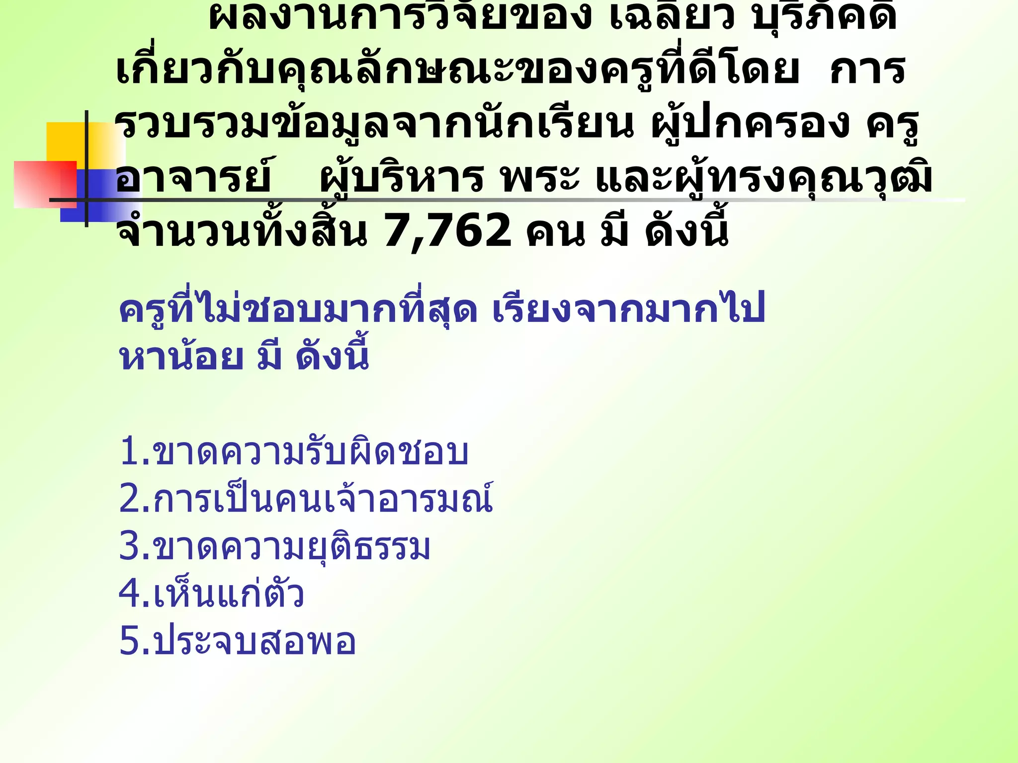   ผลงานการวิจัยของ เฉลียว บุรีภัคดี เกี่ยวกับคุณลักษณะของครูที่ดีโดย  การรวบรวมข้อมูลจากนักเรียน ผู้ปกครอง ครูอาจารย์  ผู้บริหาร พระ และผู้ทรงคุณวุฒิจำนวนทั้งสิ้น  7,762  คน มี ดังนี้   ครูที่ไม่ชอบมากที่สุด เรียงจากมากไปหาน้อย มี ดังนี้   1. ขาดความรับผิดชอบ   2. การเป็นคนเจ้าอารมณ์ 3. ขาดความยุติธรรม   4. เห็นแก่ตัว   5. ประจบสอพอ   