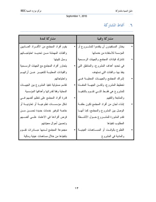 ‫ﻣﺮﻛﺰ ﻣﻮﺍﺭﺩ ﺍﻟﺘﻨﻤﻴﺔ ‪RDC‬‬                                                               ‫ﺩﻟﻴﻞ ﺍﻟﺘﻨﻤﻴﺔ ﺑﺎﳌﺸﺎﺭﻛﺔ‬
                                          ‫0102 ,1 ‪September‬‬


                                                                         ‫٦. ﺃﳕﺎﻁ ﺍﳌﺸﺎﺭﻛﺔ‬

                    ‫ﻣﺸﺎﺭﻛﺔ ﳑﺘﺪﺓ‬                                    ‫ﻣﺸﺎﺭﻛﺔ ﻭﻗﺘﻴﺔ‬
‫ﻴﻘﻭﻡ ﺃﻓﺭﺍﺩ ﺍﻟﻤﺠﺘﻤﻊ ﻤﻥ ﺍﻷﻓـﺭﺍﺩ ﺍﻟﻌـﺎﺩﻴﻴﻥ‬         ‫ﻴﺨﺘﺎﺭ ﺍﻟﻤﺴﺘﻔﻴﺩﻭﻥ ﺃﻥ ﻴﺘﻘﺩﻤﻭﺍ ﻟﻠﻤﺸـﺭﻭﻉ ﺃﻭ •‬               ‫•‬

‫ﻭﺍﻟﻔﺌﺎﺕ ﺍﻟﻤﻬﻤﺸﺔ ﻤـﻥ ﺘﺤﺩﻴـﺩ ﺍﺤﺘﻴﺎﺠـﺎﺘﻬﻡ‬                        ‫ﺍﻟﻤﺅﺴﺴﺔ ﻟﻼﺴﺘﻔﺎﺩﺓ ﻤﻥ ﺨﺩﻤﺎﺘﻬﺎ.‬
                              ‫ﻭﺴﺒل ﺘﻠﺒﻴﺘﻬﺎ.‬         ‫ﺘﺸﺘﺭﻙ ﻗﻴﺎﺩﺍﺕ ﺍﻟﻤﺠﺘﻤﻊ ﻭﺍﻟﺠﻬﺎﺕ ﺍﻟﺭﺴـﻤﻴﺔ‬               ‫•‬

‫ﻴﺘﺤﺎﻭﺭ ﺃﻓﺭﺍﺩ ﺍﻟﻤﺠﺘﻤﻊ ﻤﻊ ﺍﻟﺠﻬﺎﺕ ﺍﻟﺭﺴـﻤﻴﺔ‬         ‫ﻓﻲ ﺘﺤﺩﻴﺩ ﺃﻫﺩﺍﻑ ﺍﻟﻤﺸﺭﻭﻉ، ﻭﺍﻟﻤﻨﺎﻁﻕ ﺍﻟﺘﻲ •‬

‫ﻭﺍﻟﻘﻴﺎﺩﺍﺕ ﺍﻟﻤﺤﻠﻴـﺔ ﻟﻠﺘﻌﺒﻴـﺭ ﻋـﻥ ﺃﺭﺍﺌﻬـﻡ‬                       ‫ﻴﻨﻔﺫ ﺒﻬﺎ، ﻭﺍﻟﻔﺌﺎﺕ ﺍﻟﺘﻲ ﺘﺴﺘﻬﺩﻑ.‬
                               ‫ﻭﺍﺤﺘﻴﺎﺠﺎﺘﻬﻡ.‬         ‫ﺇﺸﺭﺍﻙ ﺍﻟﻤﺠﺘﻤﻊ ﻭﺍﻟﺠﻬـﺎﺕ ﺍﻟﻤﺤﻠﻴـﺔ ﻓـﻲ‬                 ‫•‬

‫ﺘﻘﺎﺴﻡ ﻤﺴﺌﻭﻟﻴﺔ ﺘﻨﻔﻴﺫ ﺍﻟﻤﺸﺭﻭﻉ ﺒﻴﻥ ﺍﻟﺠﻬـﺎﺕ‬         ‫ﺘﺨﻁﻴﻁ ﺍﻟﻤﺸﺭﻭﻉ، ﻭﻟﻜـﻥ ﺍﻟﺠﻬـﺔ ﺍﻟﻤﻨﻔـﺫﺓ •‬

   ‫ﺍﻟﻤﺤﻠﻴﺔ ﻭﻓﻘﺎ ﻟﻘﺩﺭﺍﺘﻬﺎ ﻭﺃﻫﺩﺍﻓﻬﺎ ﺍﻟﻤﺅﺴﺴﻴﺔ.‬         ‫ﻟﻠﻤﺸﺭﻭﻉ ﻫﻲ ﻓﻘـﻁ ﺍﻟﺘـﻲ ﺘﻘـﻭﻡ ﺒﺎﻟﺘﻨﻔﻴـﺫ‬
‫ﻗﺩﺭﺓ ﺃﻓﺭﺍﺩ ﺍﻟﻤﺠﺘﻤﻊ ﻋﻠﻰ ﺘﻨﻅﻴﻡ ﺃﻨﻔﺴﻬﻡ ﻓـﻲ‬         ‫•‬                          ‫ﻭﺍﻟﻤﺘﺎﺒﻌﺔ ﻭﺍﻟﺘﻘﻴﻴﻡ.‬
‫ﺸﻜل ﻤﺅﺴﺴـﺎﺕ ﺘﻁﻭﻋﻴـﺔ ﺃﻭ ﺘﻌﺎﻭﻨﻴـﺔ ﺃﻭ‬                  ‫ﺇﻨﺸﺎﺀ ﻟﺠﺎﻥ ﻤﻥ ﺃﻓﺭﺍﺩ ﺍﻟﻤﺠﺘﻤﻊ ﺘﻜﻭﻥ ﺤﻠﻘـﺔ‬              ‫•‬

‫ﺨﺎﺼﺔ ﻟﺘﻭﻓﻴﺭ ﺨﺩﻤﺎﺕ ﺠﺩﻴﺩﺓ ﺘﺤﺴـﻥ ﻤـﻥ‬                   ‫ﺍﻟﻭﺼل ﺒﻴﻥ ﺍﻟﻤﺸﺭﻭﻉ ﻭﺍﻟﻤﺠﺘﻤﻊ، ﻜﻤﺎ ﺃﻨﻬـﺎ‬
‫ﻓﺭﺹ ﺃﻓﺭﺍﺩﻫﺎ ﻓﻲ ﺍﻻﻋﺘﻤﺎﺩ ﻋﻠـﻲ ﺃﻨﻔﺴـﻬﻡ‬                 ‫ﺘﻘﺩﻡ ﺍﻟﻤﺸﻭﺭﺓ ﻟﻠﻤﺸـﺭﻭﻉ ﺤـﻭل ﺍﻷﻨﺸـﻁﺔ‬
                     ‫ﻭﺘﺤﺴﻴﻥ ﺃﺤﻭﺍل ﻤﻌﻴﺸﺘﻬﻡ.‬                                 ‫ﺍﻟﻤﻁﻠﻭﺏ ﺘﻨﻔﻴﺫﻫﺎ.‬
‫ﻤﺠﻤﻭﻋﺔ ﺍﻟﻤﺠﺘﻤﻊ ﻟـﺩﻴﻬﺎ ﻤﺒـﺎﺩﺭﺍﺕ ﺘﻘـﻭﻡ‬            ‫ﺍﻟﺘﻁﻭﻉ ﺒﺎﻟﻭﻗـﺕ ﺃﻭ ﺍﻟﻤﺴـﺎﻫﻤﺎﺕ ﺍﻟﻌﻴﻨﻴـﺔ •‬                 ‫•‬

  ‫ﺒﺘﻨﻔﻴﺫﻫﺎ ﻤﻥ ﺨﻼل ﻤﺴﺎﻫﻤﺎﺕ ﻋﻴﻨﻴﺔ ﻭﻤﺎﻟﻴﺔ.‬                               ‫ﻭﺍﻟﻤﺎﺩﻴﺔ ﻓﻲ ﺍﻟﻤﺸﺭﻭﻉ.‬




                                                ‫٣١‬
 