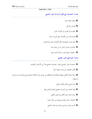 ‫ﻣﺮﻛﺰ ﻣﻮﺍﺭﺩ ﺍﻟﺘﻨﻤﻴﺔ ‪RDC‬‬                                                           ‫ﺩﻟﻴﻞ ﺍﻟﺘﻨﻤﻴﺔ ﺑﺎﳌﺸﺎﺭﻛﺔ‬
                                      ‫0102 ,1 ‪September‬‬


                                               ‫ﺧﺎﻣﺴﺎﹰ: ﺍﻟﺘﺤﺪﻳﺎﺕ ﺍﻟﱵ ﳝﻜﻦ ﺃﻥ ﺗﻮﺍﺟﻪ ﺍﳊﻮﺍﺭ ﺍ‪‬ﺘﻤﻌﻲ‬

                                                                          ‫$ ﺿﻌﻒ ﺛﻘﺎﻓﺔ ﺍﳊﻮﺍﺭ.‬

                                                                              ‫$ ﺗﻌﺎﺭﺽ ﺍﳌﺼﺎﱀ.‬

                                                           ‫$ ﺍﻟﺘﻔﺎﻭﺕ ﰲ ﺍﻟﻘﻮﻯ ﺑﲔ ﺃﻃﺮﺍﻑ ﺍﳊﻮﺍﺭ.‬

                                                    ‫$ ﻫﻴﻤﻨﺔ ﻃﺮﻑ ﻣﻦ ﺍﻷﻃﺮﺍﻑ ﻋﻠﻰ ﳎﺮﻳﺎﺕ ﺍﳊﻮﺍﺭ.‬

                                            ‫$ ﻋﺪﻡ ﻭﺻﻮﻝ ﺍﳌﻌﻠﻮﻣﺎﺕ ﻟﻜﻞ ﺍﻷﻃﺮﺍﻑ ﺑﻨﻔﺲ ﺍﳌﻮﺍﺻﻔﺎﺕ.‬

                                                       ‫$ ﺍﻟﺸﻚ ﰲ ﺟﺪﻭﻯ ﺍﳊﻮﺍﺭ ﺃﻭ ﻣﻦ‪ ‬ﻳﺪﻋﻮﻥ ﺇﻟﻴﻪ.‬

                                                       ‫$ ﺍﺳﺘﻌﺠﺎﻝ ﻧﺘﺎﺋﺞ ﺍﳊﻮﺍﺭ ﻭﺧﺎﺻﺔﹰ ﺍﳌﺎﺩﻳﺔ ﻣﻨﻬﺎ.‬

                                                                  ‫ﺳﺎﺩﺳﺎﹰ: ﺃﻫﻢ ﻧﺘﺎﺋﺞ ﺍﳊﻮﺍﺭ ﺍ‪‬ﺘﻤﻌﻲ‬

                         ‫$ ﺍﺳﺘﺨﺪﺍﻡ ﺍﳊﻮﺍﺭ ﺍ‪‬ﺘﻤﻌﻲ ﻟﺘﻘﺪﻳﺮ ﺍﺣﺘﻴﺎﺟﺎﺕ ﺍ‪‬ﺘﻤﻊ ﺑﺪﻻﹰ ﻣﻦ ﺍﻷﺳﺎﻟﻴﺐ ﺍﻟﺘﻘﻠﻴﺪﻳﺔ.‬

                                                          ‫$ ﲤﻜﲔ ﺍ‪‬ﺘﻤﻌﺎﺕ ﻣﻦ ﺇﺩﺍﺭﺓ ﺷﺌﻮ‪‬ﺎ ﺫﺍﺗﻴﺎﹰ.‬

‫$ ﺯﻳﺎﺩﺓ ﻣﻌﺮﻓﺔ ﺍﻷﻫﺎﱄ ﺑﻄﺒﻴﻌﺔ ﻭﺇﻣﻜﺎﻧﻴﺎﺕ ﳎﺘﻤﻌﺎ‪‬ﻢ ﻋﻦ ﻃﺮﻳﻖ ﺭﺅﻳﺔ ﻣﺘﻜﺎﻣﻠﺔ ﻟﻠﻤﺠﺘﻤـﻊ ﺑﺘﺤﺪﻳﺎﺗـﻪ ﻭﻣـﻮﺍﺭﺩﻩ‬
                                                                                         ‫ﻭﺗﻮﺟﻬﺎﺗﻪ.‬

                                                              ‫$ ﺗﻨﻤﻴﺔ ﺍﻟﻮﻋﻲ ﺍﻟﻨﺎﻗﺪ ﻭﲤﻜﲔ ﺍﳌﻮﺍﻃﻦ.‬

                                            ‫$ ﺇﳚﺎﺩ ﺍﺗﻔﺎﻕ ﺣﻮﻝ ﺃﻭﻟﻮﻳﺎﺕ ﺍ‪‬ﺘﻤﻊ ﻭﻛﻴﻔﻴﺔ ﺍﻟﺘﻌﺎﻣﻞ ﻣﻌﻬﺎ.‬

                                                       ‫$ ﺯﻳﺎﺩﺓ ﺍﻟﺮﻏﺒﺔ ﻟﺪﻯ ﺍﻷﻫﺎﱄ ﰲ ﺍﻟﻌﻤﻞ ﺍﻷﻫﻠﻲ.‬

                                                  ‫$ ﺍﻛﺘﺸﺎﻑ ﻛﻮﺍﺩﺭ ﻗﻴﺎﺩﻳﺔ ﻭﺗﻨﻤﻴﺘﻬﺎ ﻣﻦ ﺧﻼﻝ ﺍﳊﻮﺍﺭ.‬

                                                   ‫$ ﺗﺄﺳﻴﺲ ﻗﻨﻮﺍﺕ ﺗﻮﺍﺻﻞ ﻭﺍﺿﺤﺔ ﺑﲔ ﻓﺌﺎﺕ ﺍ‪‬ﺘﻤﻊ.‬

                                             ‫٠٤‬
 