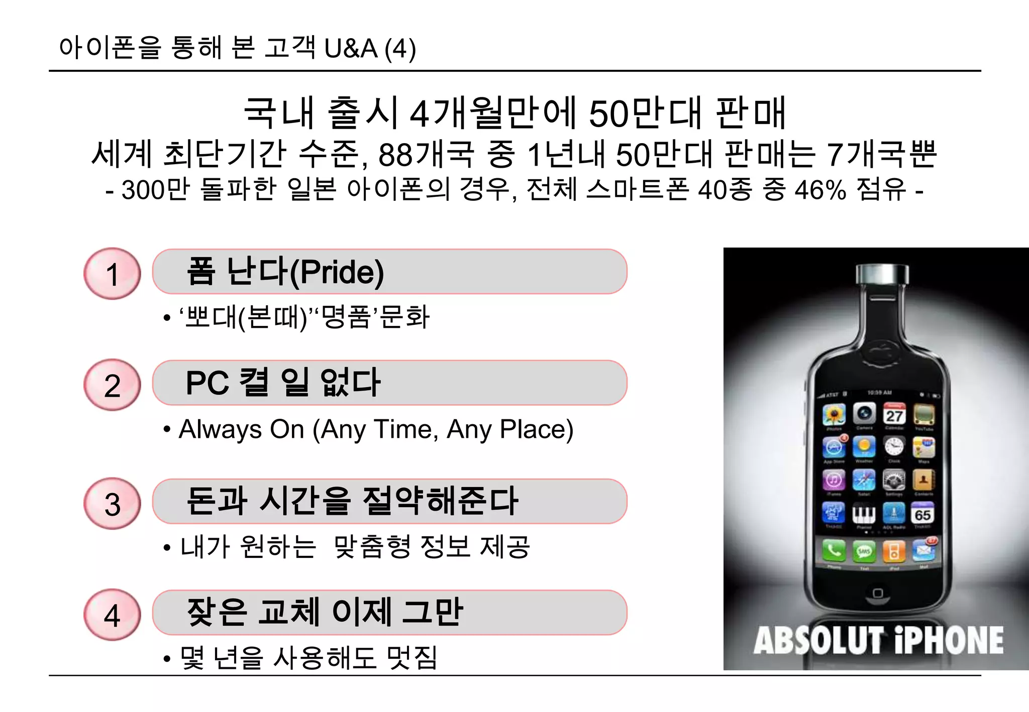 아이폰을 통해 본 고객 U&A (2)무엇이 스마트폰을 구입하는데 결정적인가?스마트폰 구입시 중요하게 생각하는 사항은(1+2순위)?스마트폰이용자=   어플    > 가격구매예정자 =  가격  > 어플[KT, 마케팅인사이트 공동 리서치 결과 2010.3월]