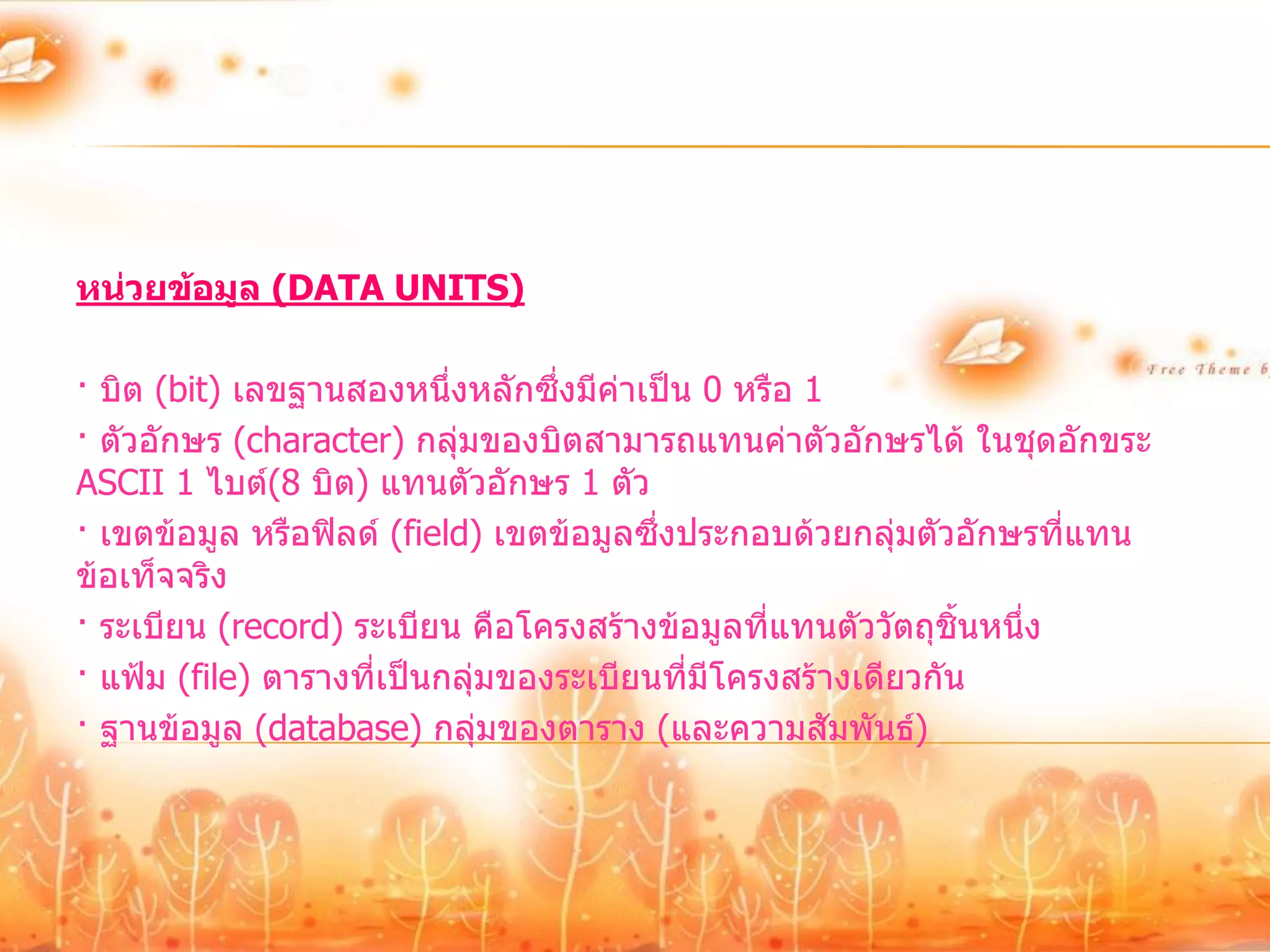 หน่วยข้อมูล (DATA UNITS)

· บิต (bit) เลขฐานสองหนึ่งหลักซึ่งมีค่าเป็น 0 หรือ 1
· ตัวอักษร (character) กลุ่มของบิตสามารถแทนค่าตัวอักษรได้ ในชุดอักขระ
ASCII 1 ไบต์(8 บิต) แทนตัวอักษร 1 ตัว
· เขตข้อมูล หรือฟิลด์ (field) เขตข้อมูลซึ่งประกอบด้วยกลุ่มตัวอักษรที่แทน
ข้อเท็จจริง
· ระเบียน (record) ระเบียน คือโครงสร้างข้อมูลที่แทนตัววัตถุชิ้นหนึ่ง
· แฟ้ม (file) ตารางที่เป็นกลุ่มของระเบียนที่มีโครงสร้างเดียวกัน
· ฐานข้อมูล (database) กลุ่มของตาราง (และความสัมพันธ์)
 