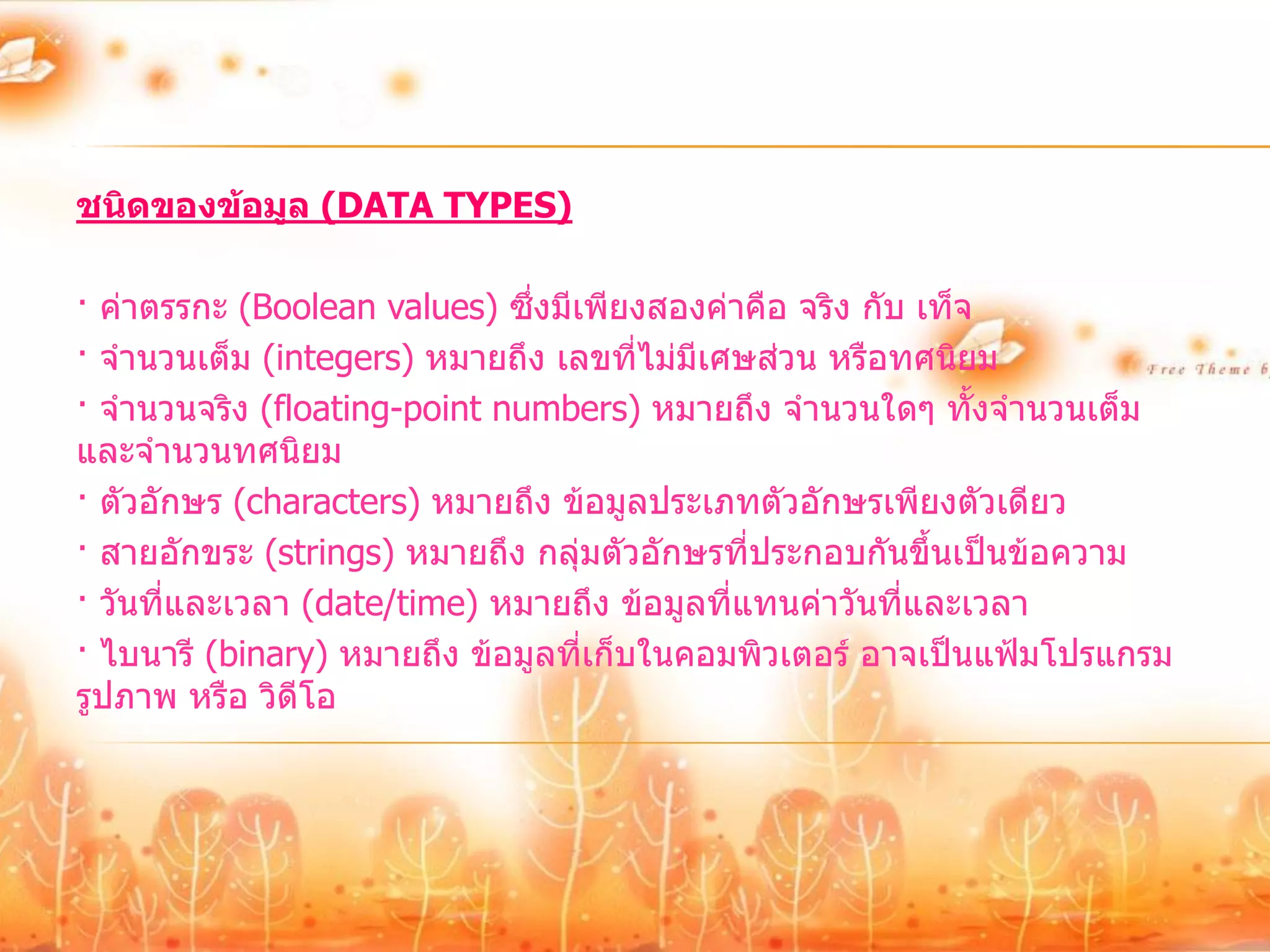 ชนิดของข้อมูล (DATA TYPES)

· ค่าตรรกะ (Boolean values) ซึ่งมีเพียงสองค่าคือ จริง กับ เท็จ
· จานวนเต็ม (integers) หมายถึง เลขที่ไม่มีเศษส่วน หรือทศนิยม
· จานวนจริง (floating-point numbers) หมายถึง จานวนใดๆ ทั้งจานวนเต็ม
และจานวนทศนิยม
· ตัวอักษร (characters) หมายถึง ข้อมูลประเภทตัวอักษรเพียงตัวเดียว
· สายอักขระ (strings) หมายถึง กลุ่มตัวอักษรที่ประกอบกันขึ้นเป็นข้อความ
· วันที่และเวลา (date/time) หมายถึง ข้อมูลที่แทนค่าวันที่และเวลา
· ไบนารี (binary) หมายถึง ข้อมูลที่เก็บในคอมพิวเตอร์ อาจเป็นแฟ้มโปรแกรม
รูปภาพ หรือ วิดีโอ
 