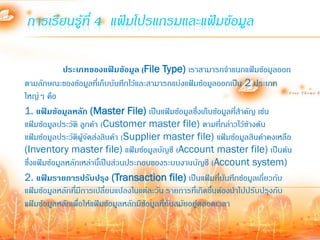 การเรียนรู้ที่ 4 แฟ้มโปรแกรมและแฟ้มข้อมูล

              ประเภทของแฟ้มข้อมูล (File Type) เราสามารถจ้าแนกแฟ้มข้อมูลออก
ตามลักษณะของข้อมูลที่เก็บบันทึกไว้และสามารถแบ่งแฟ้มข้อมูลออกเป็น 2 ประเภท
ใหญ่ๆ คือ
1. แฟ้มข้อมูลหลัก (Master File) เป็นแฟ้มข้อมูลซึ่งเก็บข้อมูลที่ส้าคัญ เช่น
แฟ้มข้อมูลประวัติ ลูกค้า (Customer master file) ตามที่กล่าวไว้ข้างต้น
แฟ้มข้อมูลประวัตผู้จัดส่งสินค้า (Supplier master file) แฟ้มข้อมูลสินค้าคงเหลือ
                   ิ
(Inventory master file) แฟ้มข้อมูลบัญชี (Account master file) เป็นต้น
ซึ่งแฟ้มข้อมูลหลักเหล่านี้เป็นส่วนประกอบของระบบงานบัญชี (Account system)
2. แฟ้มรายการปรับปรุง (Transaction file) เป็นแฟ้มที่บันทึกข้อมูลเกี่ยวกับ
แฟ้มข้อมูลหลักทีมีการเปลียนแปลงในแต่ละวัน รายการที่เกิดขึ้นต้องน้าไปปรับปรุงกับ
                 ่          ่
แฟ้มข้อมูลหลักเพื่อให้แฟ้มข้อมูลหลักมีข้อมูลที่ทันสมัยอยู่ตลอดเวลา
 
