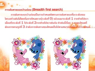 การค้นหาแบบกว้างก่อน (Breadth first search)
      การค้นหาแบบกว้างก่อนเป็นการก้าหนดทิศทางการค้นหาแบบที่ละระดับของ
โครงสร้างต้นไม้โดยเริมจากโหนดราก(ระดับที่ 0) แล้วลงมาระดับที่ 1 จากซ้ายไปขวา
                      ่
เมือเสร็จระดับที่ 1 ไประดับที่ 2จากซ้ายไปขวาเช่นกัน ท้าเช่นนี้เรือย ๆ จนพบโหนดที่
   ่                                                             ่
ต้องการตามรูปที่ 3 ล้าดับการเดินทางของโหนดเป็นไปตามหมายเลขที่ก้ากับไว้บนโหนด
 