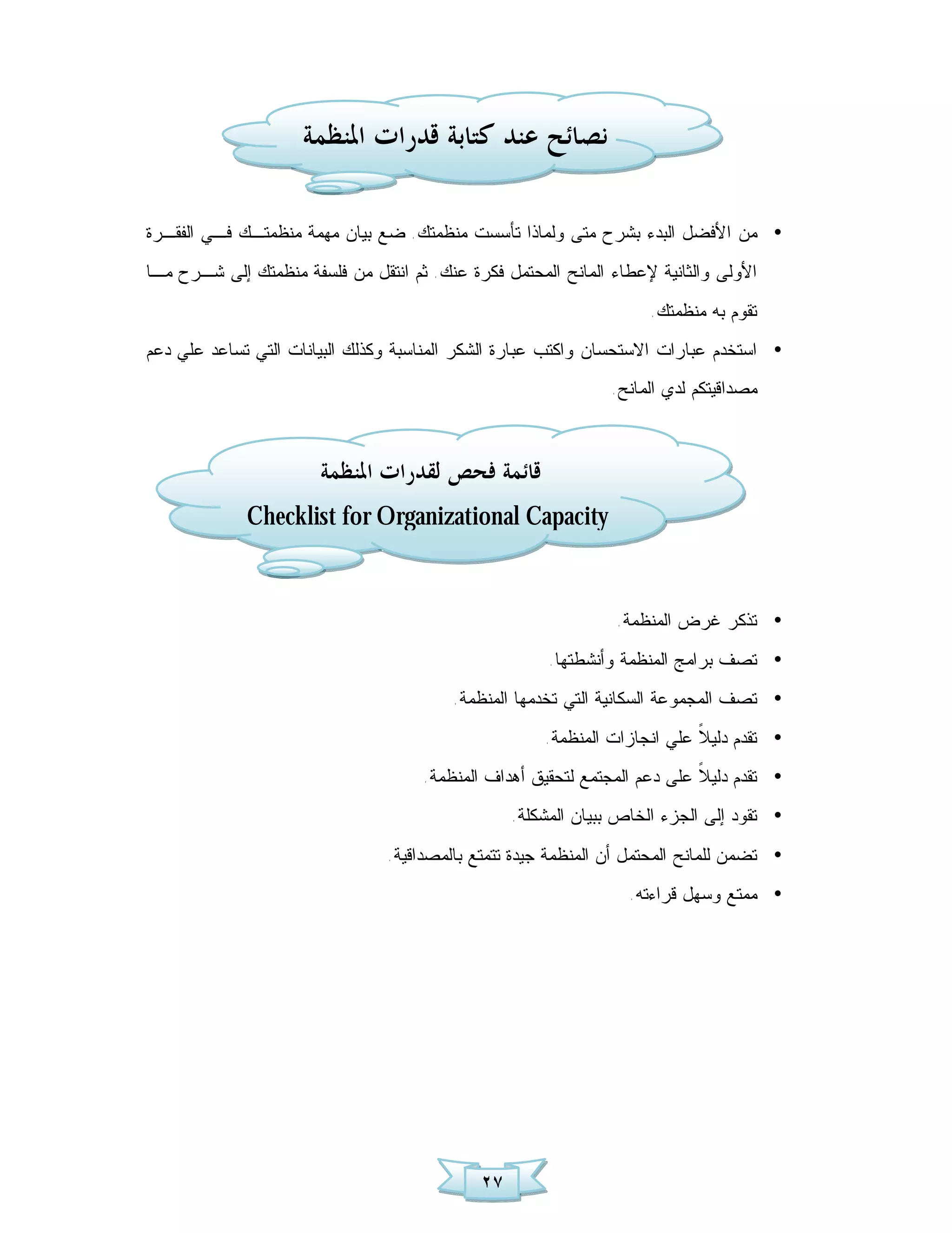 ‫ﻧﺼﺎﺋﺢ ﻋﻨﺪ ﻛﺘﺎﺑﺔ ﻗﺪﺭﺍﺕ ﺍﳌﻨﻈﻤﺔ‬

‫• ﻤﻥ ﺍﻷﻓﻀل ﺍﻟﺒﺩﺀ ﺒﺸﺭﺡ ﻤﺘﻰ ﻭﻟﻤﺎﺫﺍ ﺘﺄﺴﺴﺕ ﻤﻨﻅﻤﺘﻙ. ﻀﻊ ﺒﻴﺎﻥ ﻤﻬﻤﺔ ﻤﻨﻅﻤﺘـﻙ ﻓـﻲ ﺍﻟﻔﻘـﺭﺓ‬
‫ﺍﻷﻭﻟﻰ ﻭﺍﻟﺜﺎﻨﻴﺔ ﻹﻋﻁﺎﺀ ﺍﻟﻤﺎﻨﺢ ﺍﻟﻤﺤﺘﻤل ﻓﻜﺭﺓ ﻋﻨﻙ. ﺜﻡ ﺍﻨﺘﻘل ﻤﻥ ﻓﻠﺴﻔﺔ ﻤﻨﻅﻤﺘﻙ ﺇﻟﻰ ﺸـﺭﺡ ﻤـﺎ‬
                                                                     ‫ﺘﻘﻭﻡ ﺒﻪ ﻤﻨﻅﻤﺘﻙ.‬
‫• ﺍﺴﺘﺨﺩﻡ ﻋﺒﺎﺭﺍﺕ ﺍﻻﺴﺘﺤﺴﺎﻥ ﻭﺍﻜﺘﺏ ﻋﺒﺎﺭﺓ ﺍﻟﺸﻜﺭ ﺍﻟﻤﻨﺎﺴﺒﺔ ﻭﻜﺫﻟﻙ ﺍﻟﺒﻴﺎﻨﺎﺕ ﺍﻟﺘﻲ ﺘﺴﺎﻋﺩ ﻋﻠﻲ ﺩﻋﻡ‬
                                                               ‫ﻤﺼﺩﺍﻗﻴﺘﻜﻡ ﻟﺩﻱ ﺍﻟﻤﺎﻨﺢ.‬



                       ‫ﻗﺎﺋﻤﺔ ﻓﺤﺺ ﻟﻘﺪﺭﺍﺕ ﺍﳌﻨﻈﻤﺔ‬
             ‫‪Checklist for Organizational Capacity‬‬


                                                                ‫• ﺘﺫﻜﺭ ﻏﺭﺽ ﺍﻟﻤﻨﻅﻤﺔ.‬
                                                       ‫• ﺘﺼﻑ ﺒﺭﺍﻤﺞ ﺍﻟﻤﻨﻅﻤﺔ ﻭﺃﻨﺸﻁﺘﻬﺎ.‬
                                         ‫• ﺘﺼﻑ ﺍﻟﻤﺠﻤﻭﻋﺔ ﺍﻟﺴﻜﺎﻨﻴﺔ ﺍﻟﺘﻲ ﺘﺨﺩﻤﻬﺎ ﺍﻟﻤﻨﻅﻤﺔ.‬
                                                      ‫• ﺘﻘﺩﻡ ﺩﻟﻴ ﹰ ﻋﻠﻲ ﺍﻨﺠﺎﺯﺍﺕ ﺍﻟﻤﻨﻅﻤﺔ.‬
                                                                           ‫ﻼ‬
                                     ‫• ﺘﻘﺩﻡ ﺩﻟﻴ ﹰ ﻋﻠﻰ ﺩﻋﻡ ﺍﻟﻤﺠﺘﻤﻊ ﻟﺘﺤﻘﻴﻕ ﺃ ﻫﺩﺍﻑ ﺍﻟﻤﻨﻅﻤﺔ.‬
                                                                            ‫ﻼ‬
                                                  ‫• ﺘﻘﻭﺩ ﺇﻟﻰ ﺍﻟﺠﺯﺀ ﺍﻟﺨﺎﺹ ﺒﺒﻴﺎﻥ ﺍﻟﻤﺸﻜﻠﺔ.‬
                                ‫• ﺘﻀﻤﻥ ﻟﻠﻤﺎﻨﺢ ﺍﻟﻤﺤﺘﻤل ﺃﻥ ﺍﻟﻤﻨﻅﻤﺔ ﺠﻴﺩﺓ ﺘﺘﻤﺘﻊ ﺒﺎﻟﻤﺼﺩﺍﻗﻴﺔ.‬
                                                                  ‫• ﻤﻤﺘﻊ ﻭﺴﻬل ﻗﺭﺍﺀﺘﻪ.‬




                                             ‫٧٢‬
 