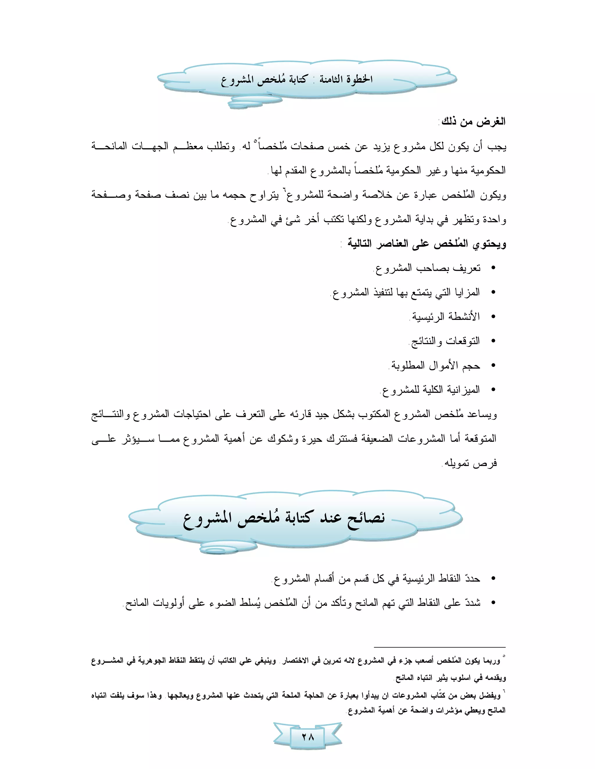 ‫ﺍﳋﻄﻮﺓ ﺍﻟﺜﺎﻣﻨﺔ : ﻛﺘﺎﺑﺔ ‪‬ﻠﺨﺺ ﺍﳌﺸﺮﻭﻉ‬
                                               ‫ﻣ‬

                                                                                                   ‫ﺍﻟﻐﺭﺽ ﻤﻥ ﺫﻟﻙ:‬
‫ﻴﺠﺏ ﺃﻥ ﻴﻜﻭﻥ ﻟﻜل ﻤﺸﺭﻭﻉ ﻴﺯﻴﺩ ﻋﻥ ﺨﻤﺱ ﺼﻔﺤﺎﺕ ‪‬ﻠﺨﺼ ﹰ٥ ﻟﻪ. ﻭﺘﻁﻠﺏ ﻤﻌﻅـﻡ ﺍﻟﺠﻬـﺎﺕ ﺍﻟﻤﺎﻨﺤـﺔ‬
                                  ‫ﺎ‬    ‫ﻤ‬
                                                  ‫ﺍﻟﺤﻜﻭﻤﻴﺔ ﻤﻨﻬﺎ ﻭﻏﻴﺭ ﺍﻟﺤﻜﻭﻤﻴﺔ ‪‬ﻠﺨﺼ ﹰ ﺒﺎﻟﻤﺸﺭﻭﻉ ﺍﻟﻤﻘﺩﻡ ﻟﻬﺎ.‬
                                                                       ‫ﺎ‬    ‫ﻤ‬
‫ﻭﻴﻜﻭﻥ ﺍﻟ ‪‬ﻠﺨﺹ ﻋﺒﺎﺭﺓ ﻋﻥ ﺨﻼﺼﺔ ﻭﺍﻀﺤﺔ ﻟﻠﻤﺸﺭﻭﻉ٦ ﻴﺘﺭﺍﻭﺡ ﺤﺠﻤﻪ ﻤﺎ ﺒﻴﻥ ﻨﺼﻑ ﺼﻔﺤﺔ ﻭﺼـﻔﺤﺔ‬
                                                                   ‫ﻤ‬
                                      ‫ﻭﺍﺤﺩﺓ ﻭﺘﻅﻬﺭ ﻓﻲ ﺒﺩﺍﻴﺔ ﺍﻟﻤﺸﺭﻭﻉ ﻭﻟﻜﻨﻬﺎ ﺘﻜﺘﺏ ﺃﺨﺭ ﺸﺊ ﻓﻲ ﺍﻟﻤﺸﺭﻭﻉ.‬
                                                                       ‫ﻭﻴﺤﺘﻭﻱ ﺍﻟ ‪‬ﻠﺨﺹ ﻋﻠﻰ ﺍﻟﻌﻨﺎﺼﺭ ﺍﻟﺘﺎﻟﻴﺔ :‬
                                                                                                ‫ﻤ‬
                                                                                ‫• ﺘﻌﺭﻴﻑ ﺒﺼﺎﺤﺏ ﺍﻟﻤﺸﺭﻭﻉ.‬
                                                                    ‫• ﺍﻟﻤﺯﺍﻴﺎ ﺍﻟﺘﻲ ﻴﺘﻤﺘﻊ ﺒﻬﺎ ﻟﺘﻨﻔﻴﺫ ﺍﻟﻤﺸﺭﻭﻉ.‬
                                                                                          ‫• ﺍﻷﻨﺸﻁﺔ ﺍﻟﺭﺌﻴﺴﻴﺔ.‬
                                                                                          ‫• ﺍﻟﺘﻭﻗﻌﺎﺕ ﻭﺍﻟﻨﺘﺎﺌﺞ.‬
                                                                                    ‫• ﺤﺠﻡ ﺍﻷﻤﻭﺍل ﺍﻟﻤﻁﻠﻭﺒﺔ.‬
                                                                                  ‫• ﺍﻟﻤﻴﺯﺍﻨﻴﺔ ﺍﻟﻜﻠﻴﺔ ﻟﻠﻤﺸﺭﻭﻉ.‬
‫ﻭﻴﺴﺎﻋﺩ ‪‬ﻠﺨﺹ ﺍﻟﻤﺸﺭﻭﻉ ﺍﻟﻤﻜﺘﻭﺏ ﺒﺸﻜل ﺠﻴﺩ ﻗﺎﺭﺌﻪ ﻋﻠﻰ ﺍﻟﺘﻌﺭﻑ ﻋﻠﻰ ﺍﺤﺘﻴﺎﺠﺎﺕ ﺍﻟﻤﺸﺭﻭﻉ ﻭﺍﻟﻨﺘـﺎﺌﺞ‬
                                                                            ‫ﻤ‬
‫ﺍﻟﻤﺘﻭﻗﻌﺔ ﺃﻤﺎ ﺍﻟﻤﺸﺭﻭﻋﺎﺕ ﺍﻟﻀﻌﻴﻔﺔ ﻓﺴﺘﺘﺭﻙ ﺤﻴﺭﺓ ﻭﺸﻜﻭﻙ ﻋﻥ ﺃﻫﻤﻴﺔ ﺍﻟﻤﺸﺭﻭﻉ ﻤﻤـﺎ ﺴـﻴﺅﺜﺭ ﻋﻠـﻰ‬
                                                                                                    ‫ﻓﺭﺹ ﺘﻤﻭﻴﻠﻪ.‬



                          ‫ﻧﺼﺎﺋﺢ ﻋﻨﺪ ﻛﺘﺎﺑﺔ ‪‬ﻠﺨﺺ ﺍﳌﺸﺮﻭﻉ‬
                                    ‫ﻣ‬

                                                   ‫• ﺤﺩ ‪ ‬ﺍﻟﻨﻘﺎﻁ ﺍﻟﺭﺌﻴﺴﻴﺔ ﻓﻲ ﻜل ﻗﺴﻡ ﻤﻥ ﺃﻗﺴﺎﻡ ﺍﻟﻤﺸﺭﻭﻉ.‬
                                                                                               ‫ﺩ‬
        ‫• ﺸﺩ ‪ ‬ﻋﻠﻰ ﺍﻟﻨﻘﺎﻁ ﺍﻟﺘﻲ ﺘﻬﻡ ﺍﻟﻤﺎﻨﺢ ﻭﺘﺄﻜﺩ ﻤﻥ ﺃﻥ ﺍﻟ ‪‬ﻠﺨﺹ ‪‬ﺴﻠﻁ ﺍﻟﻀﻭﺀ ﻋﻠﻰ ﺃﻭﻟﻭﻴﺎﺕ ﺍﻟﻤﺎﻨﺢ.‬
                                     ‫ﻴ‬    ‫ﻤ‬                                           ‫ﺩ‬



‫ﻭﺭﺒﻤﺎ ﻴﻜﻭﻥ ﺍﻟ ‪‬ﻠﺨﺹ ﺃﺼﻌﺏ ﺠﺯﺀ ﻓﻲ ﺍﻟﻤﺸﺭﻭﻉ ﻻﻨﻪ ﺘﻤﺭﻴﻥ ﻓﻲ ﺍﻻﺨﺘﺼﺎﺭ. ﻭﻴﻨﺒﻐﻲ ﻋﻠﻲ ﺍﻟﻜﺎﺘﺏ ﺃﻥ ﻴﻠﺘﻘﻁ ﺍﻟﻨﻘﺎﻁ ﺍﻟﺠﻭﻫﺭﻴﺔ ﻓﻲ ﺍﻟﻤﺸـﺭﻭﻉ‬
                                                                                                    ‫ﻤ‬
                                                                                                                        ‫٥‬


                                                                                      ‫ﻭﻴﻘﺩﻤﻪ ﻓﻲ ﺍﺴﻠﻭﺏ ﻴﺜﻴﺭ ﺍﻨﺘﺒﺎﻩ ﺍﻟﻤﺎﻨﺢ.‬
‫ﻭﻴﻔﻀل ﺒﻌﺽ ﻤﻥ ﻜ ﹼﺎﺏ ﺍﻟﻤﺸﺭﻭﻋﺎﺕ ﺍﻥ ﻴﺒﺩﺃﻭﺍ ﺒﻌﺒﺎﺭﺓ ﻋﻥ ﺍﻟﺤﺎﺠﺔ ﺍﻟﻤﻠﺤﺔ ﺍﻟﺘﻲ ﻴﺘﺤﺩﺙ ﻋﻨﻬﺎ ﺍﻟﻤﺸﺭﻭﻉ ﻭﻴﻌﺎﻟﺠﻬﺎ. ﻭﻫﺫﺍ ﺴﻭﻑ ﻴﻠﻔﺕ ﺍﻨﺘﺒﺎﻩ‬
                                                                                                     ‫ﺘ‬
                                                                                                                        ‫٦‬


                                                                        ‫ﺍﻟﻤﺎﻨﺢ ﻭﻴﻌﻁﻲ ﻤﺅﺸﺭﺍﺕ ﻭﺍﻀﺤﺔ ﻋﻥ ﺃﻫﻤﻴﺔ ﺍﻟﻤﺸﺭﻭﻉ.‬


                                                           ‫٨٢‬
 