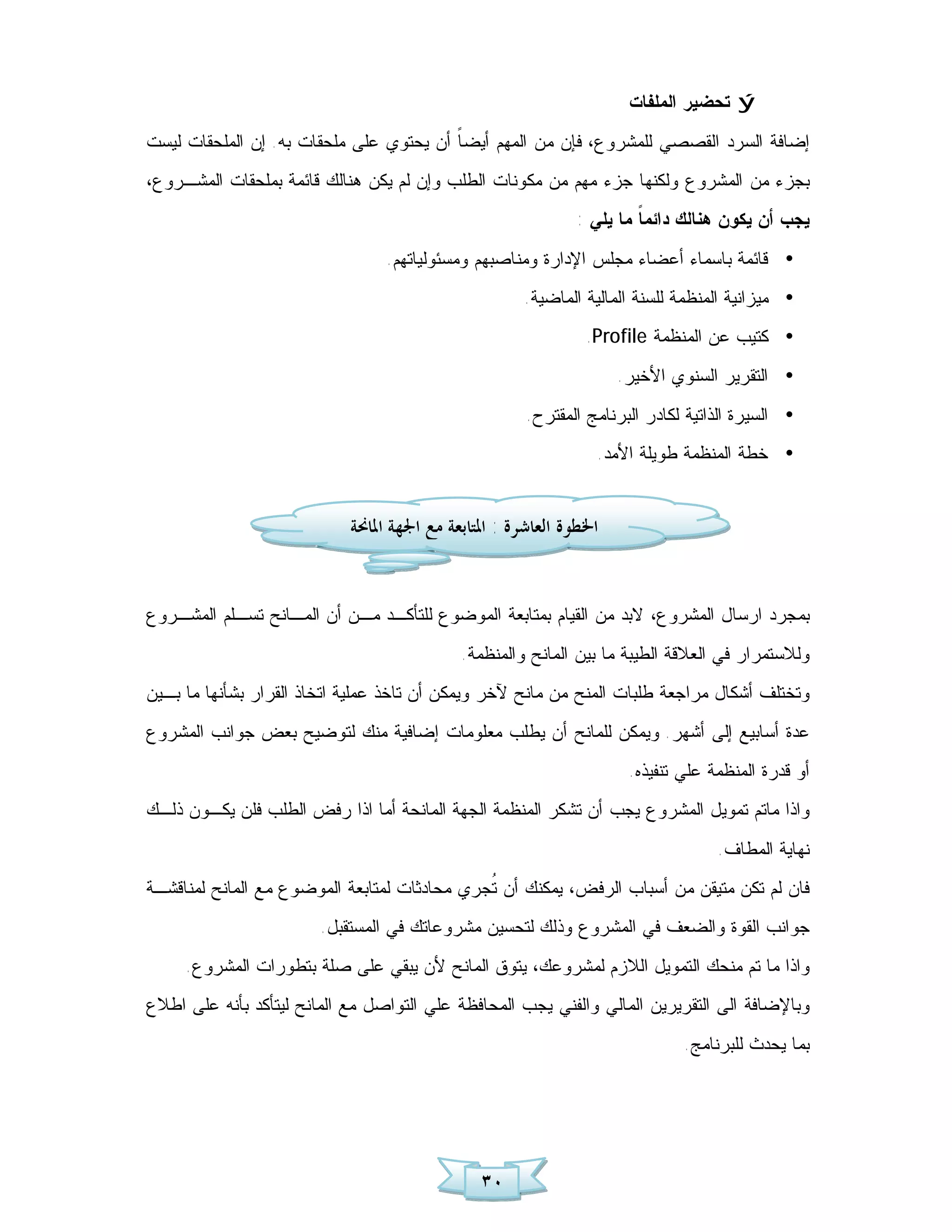 ‫‪ ý‬ﺘﺤﻀﻴﺭ ﺍﻟﻤﻠﻔﺎﺕ‬
‫ﺇﻀﺎﻓﺔ ﺍﻟﺴﺭﺩ ﺍﻟﻘﺼﺼﻲ ﻟﻠﻤﺸﺭﻭﻉ، ﻓﺈﻥ ﻤﻥ ﺍﻟﻤﻬﻡ ﺃﻴﻀ ﹰ ﺃﻥ ﻴﺤﺘﻭﻱ ﻋﻠﻰ ﻤﻠﺤﻘﺎﺕ ﺒﻪ. ﺇﻥ ﺍﻟﻤﻠﺤﻘﺎﺕ ﻟﻴﺴﺕ‬
                                         ‫ﺎ‬
‫ﺒﺠﺯﺀ ﻤﻥ ﺍﻟﻤﺸﺭﻭﻉ ﻭﻟﻜﻨﻬﺎ ﺠﺯﺀ ﻤﻬﻡ ﻤﻥ ﻤﻜﻭﻨﺎﺕ ﺍﻟﻁﻠﺏ ﻭﺇﻥ ﻟﻡ ﻴﻜﻥ ﻫﻨﺎﻟﻙ ﻗﺎﺌﻤﺔ ﺒﻤﻠﺤﻘﺎﺕ ﺍﻟﻤﺸـﺭﻭﻉ،‬
                                                             ‫ﻴﺠﺏ ﺃﻥ ﻴﻜﻭﻥ ﻫﻨﺎﻟﻙ ﺩﺍﺌﻤ ﹰ ﻤﺎ ﻴﻠﻲ :‬
                                                                      ‫ﺎ‬
                                 ‫• ﻗﺎﺌﻤﺔ ﺒﺎﺴﻤﺎﺀ ﺃﻋﻀﺎﺀ ﻤﺠﻠﺱ ﺍﻹﺩﺍﺭﺓ ﻭﻤﻨﺎﺼﺒﻬﻡ ﻭﻤﺴﺌﻭﻟﻴﺎﺘﻬﻡ.‬
                                                     ‫• ﻤﻴﺯﺍﻨﻴﺔ ﺍﻟﻤﻨﻅﻤﺔ ﻟﻠﺴﻨﺔ ﺍﻟﻤﺎﻟﻴﺔ ﺍﻟﻤﺎﻀﻴﺔ.‬
                                                               ‫• ﻜﺘﻴﺏ ﻋﻥ ﺍﻟﻤﻨﻅﻤﺔ ‪.Profile‬‬
                                                                    ‫• ﺍﻟﺘﻘﺭﻴﺭ ﺍﻟﺴﻨﻭﻱ ﺍﻷﺨﻴﺭ.‬
                                                      ‫• ﺍﻟﺴﻴﺭﺓ ﺍﻟﺫﺍﺘﻴﺔ ﻟﻜﺎﺩﺭ ﺍﻟﺒﺭﻨﺎﻤﺞ ﺍﻟﻤﻘﺘﺭﺡ.‬
                                                                ‫• ﺨﻁﺔ ﺍﻟﻤﻨﻅﻤﺔ ﻁﻭﻴﻠﺔ ﺍﻷﻤﺩ.‬


                            ‫ﺍﳋﻄﻮﺓ ﺍﻟﻌﺎﺷﺮﺓ : ﺍﳌﺘﺎﺑﻌﺔ ﻣﻊ ﺍﳉﻬﺔ ﺍﳌﺎﳓﺔ‬


‫ﺒﻤﺠﺭﺩ ﺍﺭﺴﺎل ﺍﻟﻤﺸﺭﻭﻉ، ﻻﺒﺩ ﻤﻥ ﺍﻟﻘﻴﺎﻡ ﺒﻤﺘﺎﺒﻌﺔ ﺍﻟﻤﻭﻀﻭﻉ ﻟﻠﺘﺄﻜـﺩ ﻤـﻥ ﺃﻥ ﺍﻟﻤـﺎﻨﺢ ﺘﺴـﻠﻡ ﺍﻟﻤﺸـﺭﻭﻉ‬
                                            ‫ﻭﻟﻼﺴﺘﻤﺭﺍﺭ ﻓﻲ ﺍﻟﻌﻼﻗﺔ ﺍﻟﻁﻴﺒﺔ ﻤﺎ ﺒﻴﻥ ﺍﻟﻤﺎﻨﺢ ﻭﺍﻟﻤﻨﻅﻤﺔ.‬
‫ﻭﺘﺨﺘﻠﻑ ﺃﺸﻜﺎل ﻤﺭﺍﺠﻌﺔ ﻁﻠﺒﺎﺕ ﺍﻟﻤﻨﺢ ﻤﻥ ﻤﺎﻨﺢ ﻵﺨﺭ ﻭﻴﻤﻜﻥ ﺃﻥ ﺘﺎﺨﺫ ﻋﻤﻠﻴﺔ ﺍﺘﺨﺎﺫ ﺍﻟﻘﺭﺍﺭ ﺒﺸﺄﻨﻬﺎ ﻤﺎ ﺒـﻴﻥ‬
‫ﻋﺩﺓ ﺃﺴﺎﺒﻴﻊ ﺇﻟﻰ ﺃﺸﻬﺭ. ﻭﻴﻤﻜﻥ ﻟﻠﻤﺎﻨﺢ ﺃﻥ ﻴﻁﻠﺏ ﻤﻌﻠﻭﻤﺎﺕ ﺇﻀﺎﻓﻴﺔ ﻤﻨﻙ ﻟﺘﻭﻀﻴﺢ ﺒﻌﺽ ﺠﻭﺍﻨﺏ ﺍﻟﻤﺸﺭﻭﻉ‬
                                                                     ‫ﺃﻭ ﻗﺩﺭﺓ ﺍﻟﻤﻨﻅﻤﺔ ﻋﻠﻲ ﺘﻨﻔﻴﺫﻩ.‬
‫ﻭﺍﺫﺍ ﻤﺎﺘﻡ ﺘﻤﻭﻴل ﺍﻟﻤﺸﺭﻭﻉ ﻴﺠﺏ ﺃﻥ ﺘﺸﻜﺭ ﺍﻟﻤﻨﻅﻤﺔ ﺍﻟﺠﻬﺔ ﺍﻟﻤﺎﻨﺤﺔ ﺃﻤﺎ ﺍﺫﺍ ﺭﻓﺽ ﺍﻟﻁﻠﺏ ﻓﻠﻥ ﻴﻜـﻭﻥ ﺫﻟـﻙ‬
                                                                                  ‫ﻨﻬﺎﻴﺔ ﺍﻟﻤﻁﺎﻑ.‬
‫ﻓﺎﻥ ﻟﻡ ﺘﻜﻥ ﻤﺘﻴﻘﻥ ﻤﻥ ﺃﺴﺒﺎﺏ ﺍﻟﺭﻓﺽ، ﻴﻤﻜﻨﻙ ﺃﻥ ﹸﺠﺭﻱ ﻤﺤﺎﺩﺜﺎﺕ ﻟﻤﺘﺎﺒﻌﺔ ﺍﻟﻤﻭﻀﻭﻉ ﻤﻊ ﺍﻟﻤﺎﻨﺢ ﻟﻤﻨﺎﻗﺸـﺔ‬
                                              ‫ﺘ‬
                        ‫ﺠﻭﺍﻨﺏ ﺍﻟﻘﻭﺓ ﻭﺍﻟﻀﻌﻑ ﻓﻲ ﺍﻟﻤﺸﺭﻭﻉ ﻭﺫﻟﻙ ﻟﺘﺤﺴﻴﻥ ﻤﺸﺭﻭﻋﺎﺘﻙ ﻓﻲ ﺍﻟﻤﺴﺘﻘﺒل.‬
     ‫ﻭﺍﺫﺍ ﻤﺎ ﺘﻡ ﻤﻨﺤﻙ ﺍﻟﺘﻤﻭﻴل ﺍﻟﻼﺯﻡ ﻟﻤﺸﺭﻭﻋﻙ، ﻴﺘﻭﻕ ﺍﻟﻤﺎﻨﺢ ﻷﻥ ﻴﺒﻘﻲ ﻋﻠﻰ ﺼﻠﺔ ﺒﺘﻁﻭﺭﺍﺕ ﺍﻟﻤﺸﺭﻭﻉ.‬
‫ﻭﺒﺎﻹﻀﺎﻓﺔ ﺍﻟﻰ ﺍﻟﺘﻘﺭﻴﺭﻴﻥ ﺍﻟﻤﺎﻟﻲ ﻭﺍﻟﻔﻨﻲ ﻴﺠﺏ ﺍﻟﻤﺤﺎﻓﻅﺔ ﻋﻠﻲ ﺍﻟﺘﻭﺍﺼل ﻤﻊ ﺍﻟﻤﺎﻨﺢ ﻟﻴﺘﺄﻜﺩ ﺒﺄﻨﻪ ﻋﻠﻰ ﺍﻁﻼﻉ‬
                                                                             ‫ﺒﻤﺎ ﻴﺤﺩﺙ ﻟﻠﺒﺭﻨﺎﻤﺞ.‬




                                               ‫٠٣‬
 