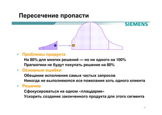 Пересечение пропасти




• Проблемы продукта
  На 80% для многих решений — но ни одного на 100%
  Прагматики не будут покупать решение на 80%
• Основные ошибки
  Обещание исполнения самых частых запросов
  Никогда не выполняются все пожелания хоть одного клиента
• Решение
  Сфокусироваться на одном «плацдарме»
  Ускорить создание законченного продукта для этого сегмента

                                                           12
 